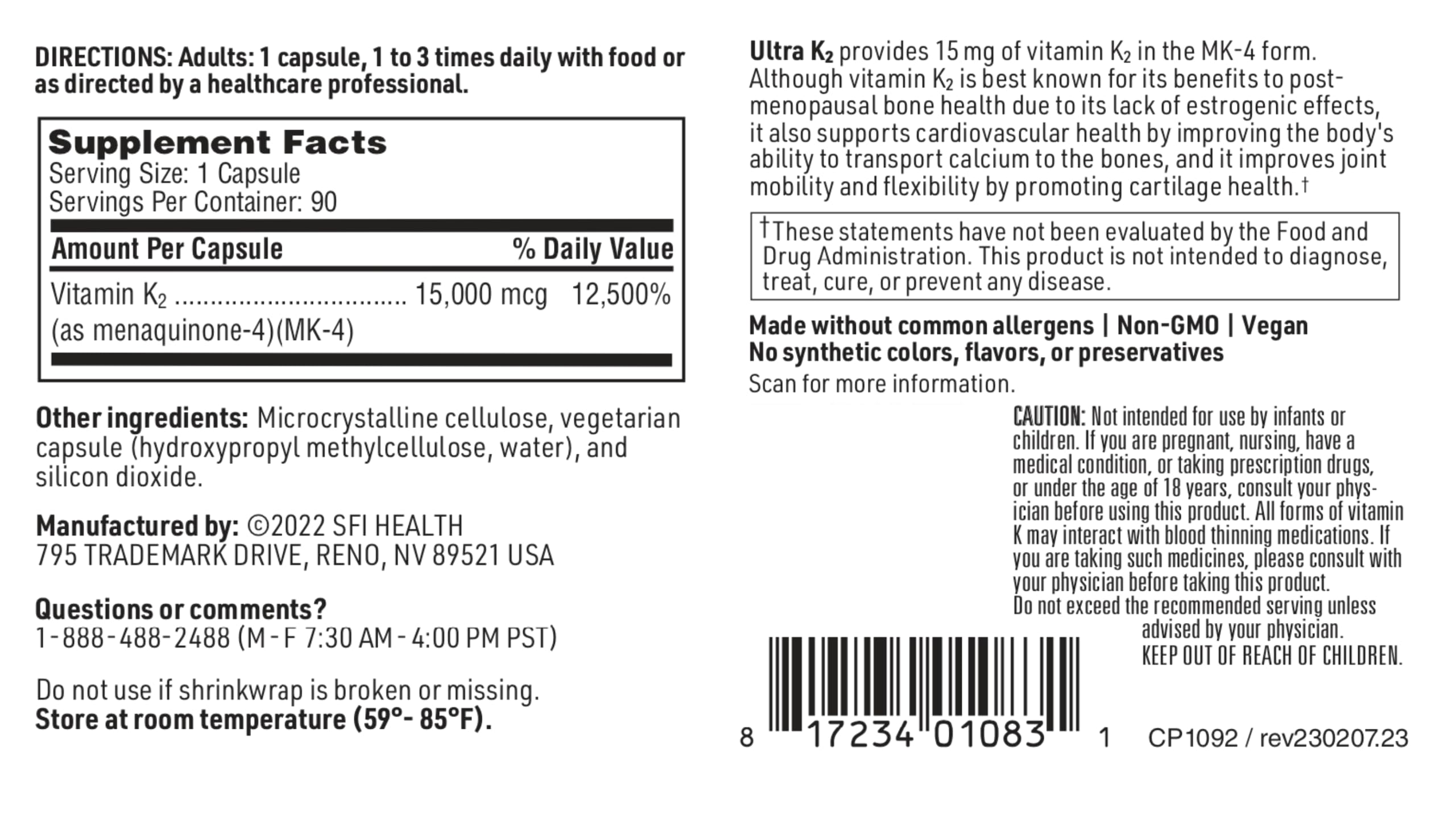 Klaire Labs Ultra K2 MK4 15000mcg - Vitamin K2 Supplement to Support Bone & Cardiovascular Health - 15mg K2 Vitamins for Men & Women - Hypoallergenic Vitamin K as Menatetrenone (90 Capsules)