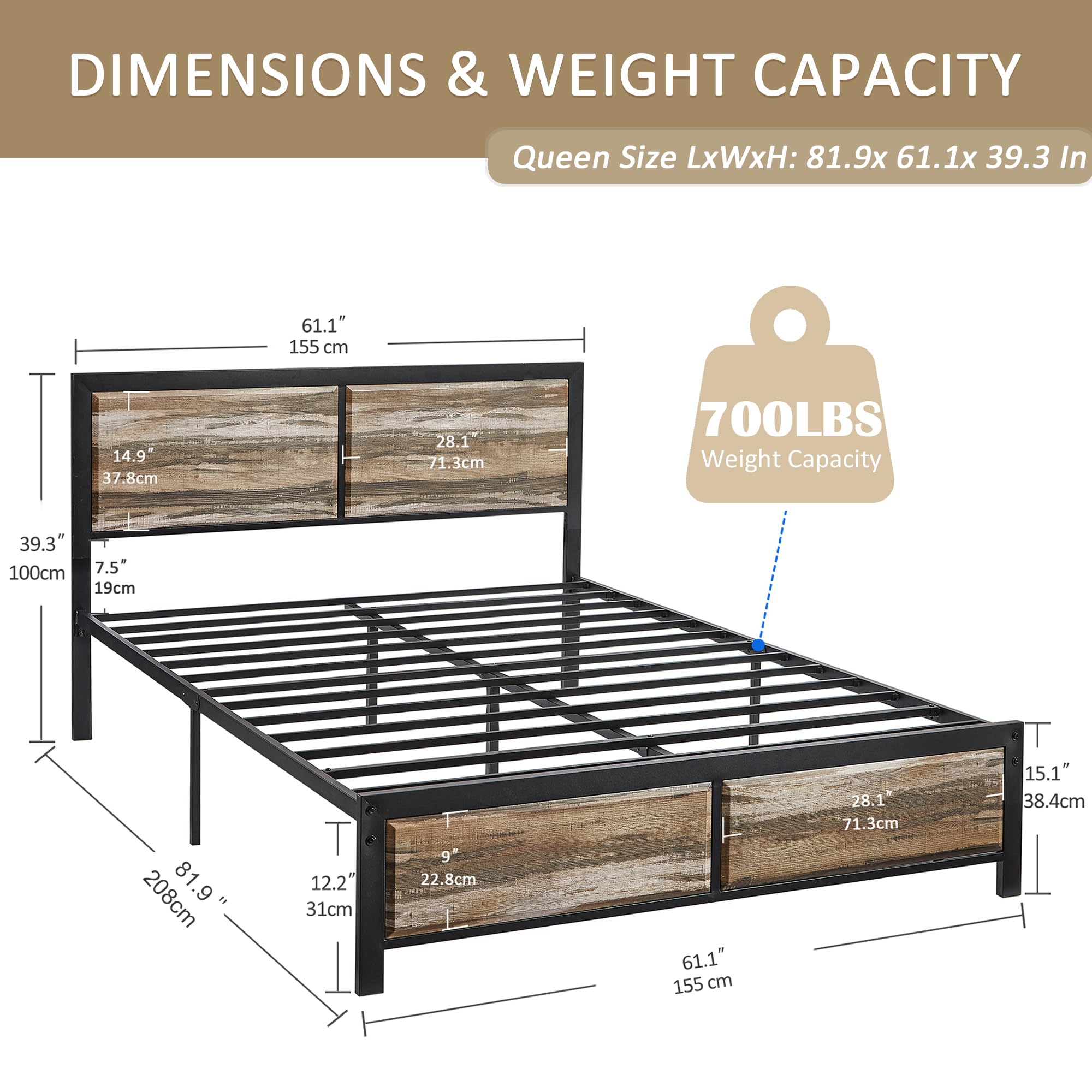 VECELO Queen Size Bed Frame with Wood Headboard and Footboard, 14 Inch Platform Mattress Foundation, No Box Spring Needed, Heavy Duty Slats Support, Easy Assembly