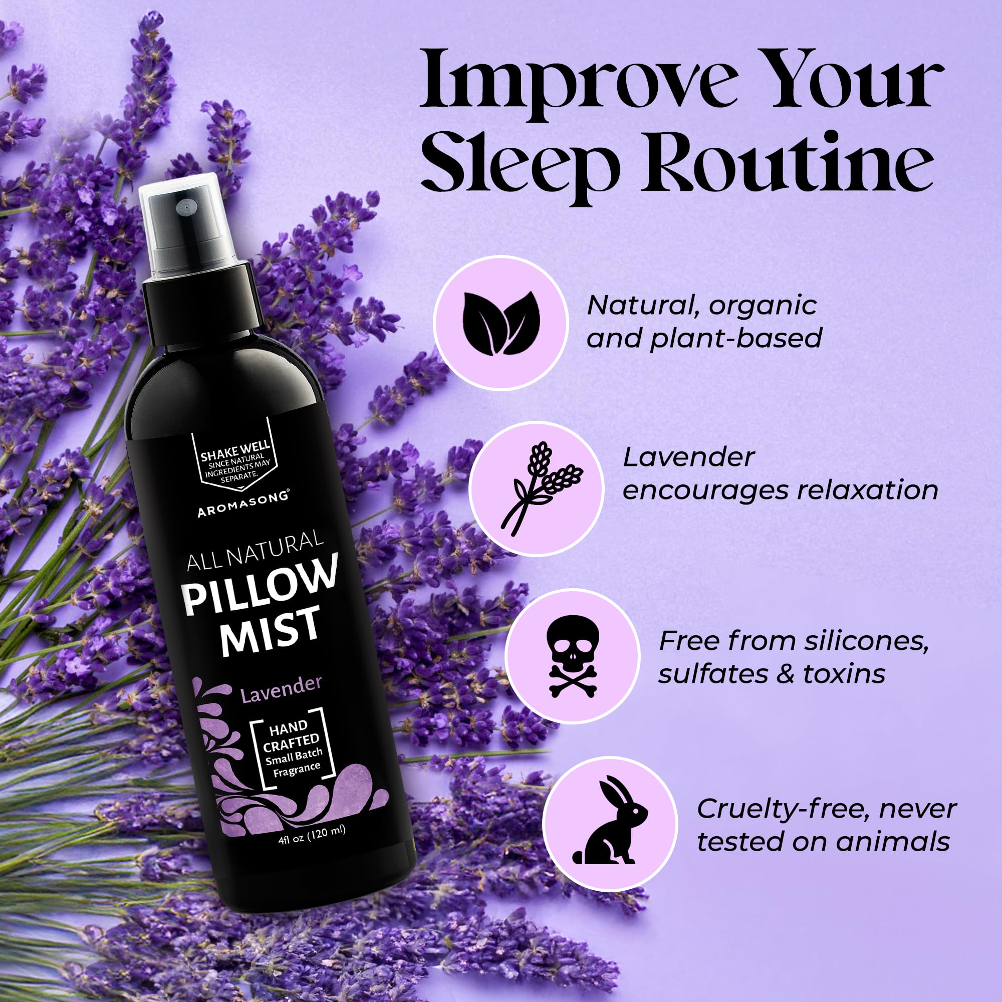 Aromasong Lavender Pillow Spray - All Natural Linen & Bedtime Mist for Sleep - Aromatherapy Botanical Essential Oils for Sleeping - Fragrance Scent 8 Oz.