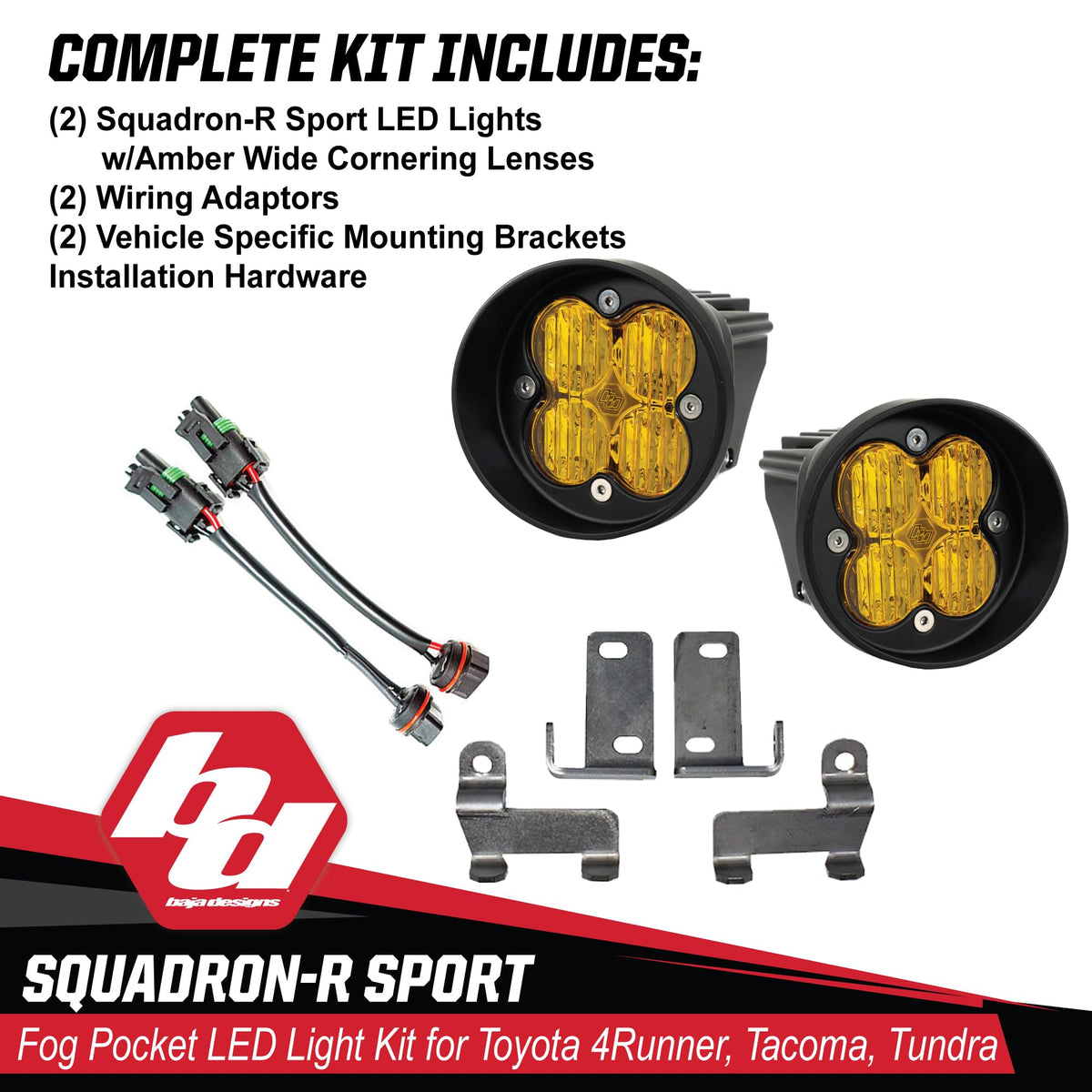 Baja Designs Squadron-R Sport LED Fog Light Kit for Toyota Tacoma 2012-24, Tundra 2014-24, 4Runner 2010-24, Set of 2 LED Lights (Wide Cornering Lens, Amber)