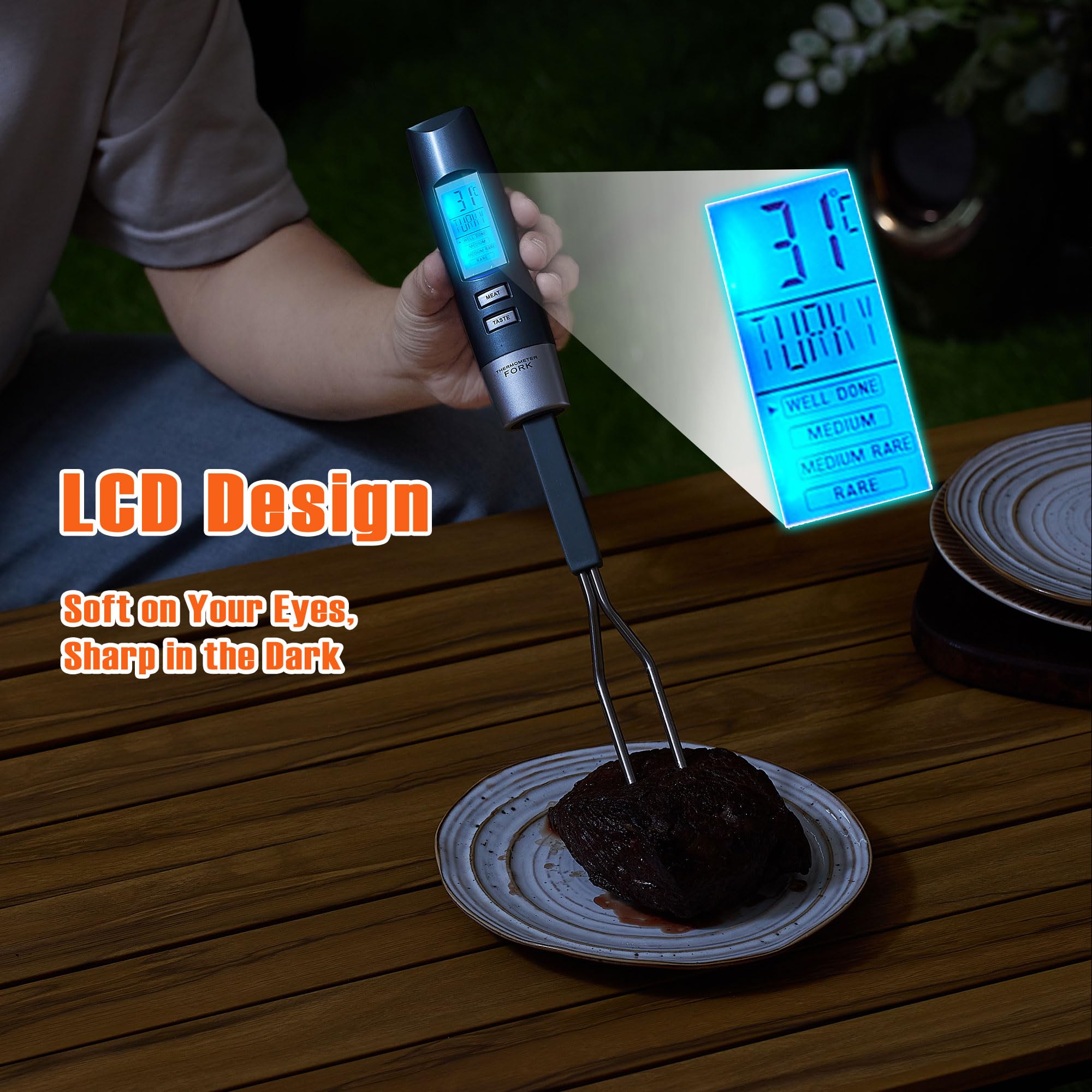 lfcforldx Meat Thermometer Fork with Electronic Ready Alarm, Digital Cooking Thermometer with Instant Read, LCD Display and Led Light, Grill Thermometers for BBQ Grilling Gadgets Steak Pork