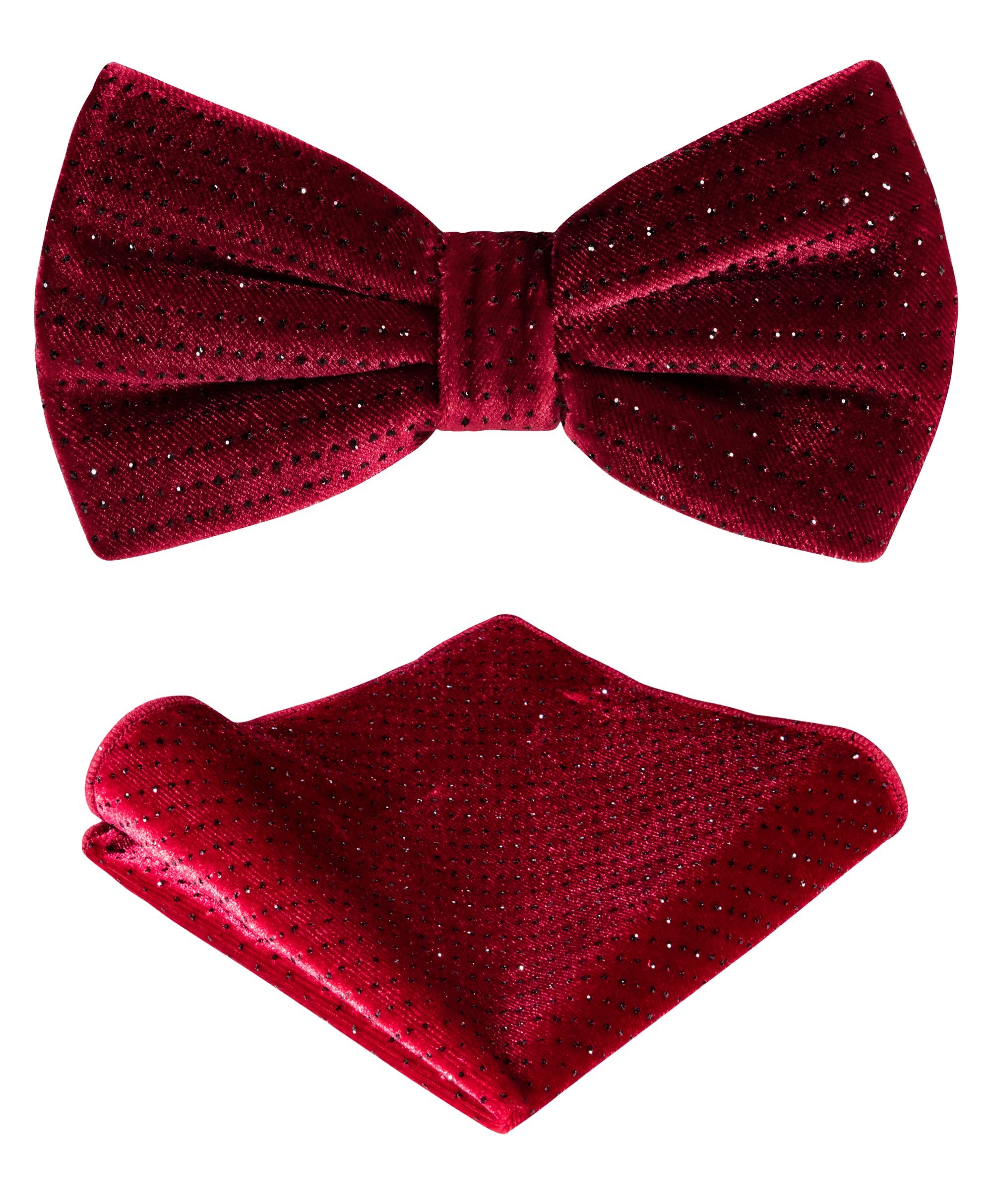 TIE G Men's Glitter Velvet Bow Tie + Pocket Square Set in Gift Box for Wedding, Party : Glittering Effects, Unisex Design (Galaxy Apple Red)