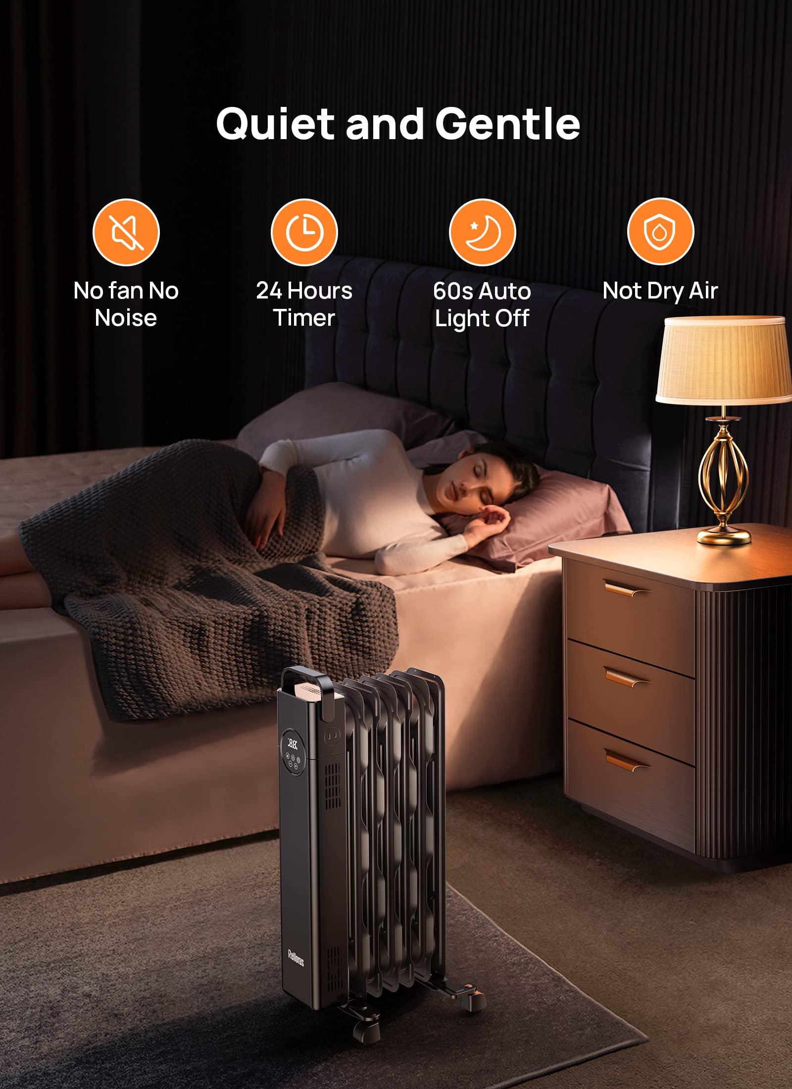 Rellorus Radiator Heater, Space Oil Filled Heater 1500W, 4 Modes, 24H Timer, Adjustable Thermostat, Quiet, Electric Portable Heater with Remote for Home, Office, Bedroom, Indoor Use