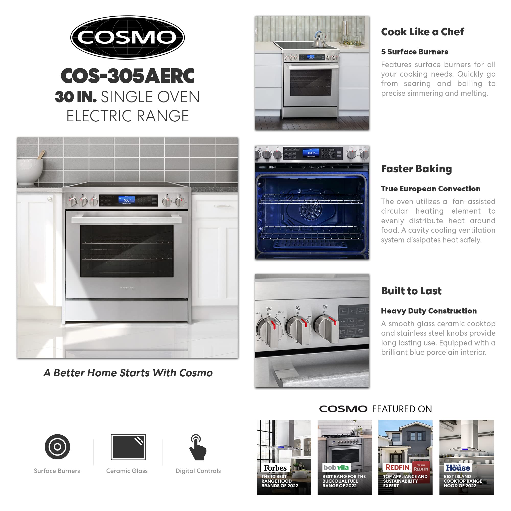COSMO COS-305AERC 30 in. Vista Collection 5 cu. ft. Electric Ceramic Glass Range, 5 Burner Elements, Convection Oven, Stainless Steel