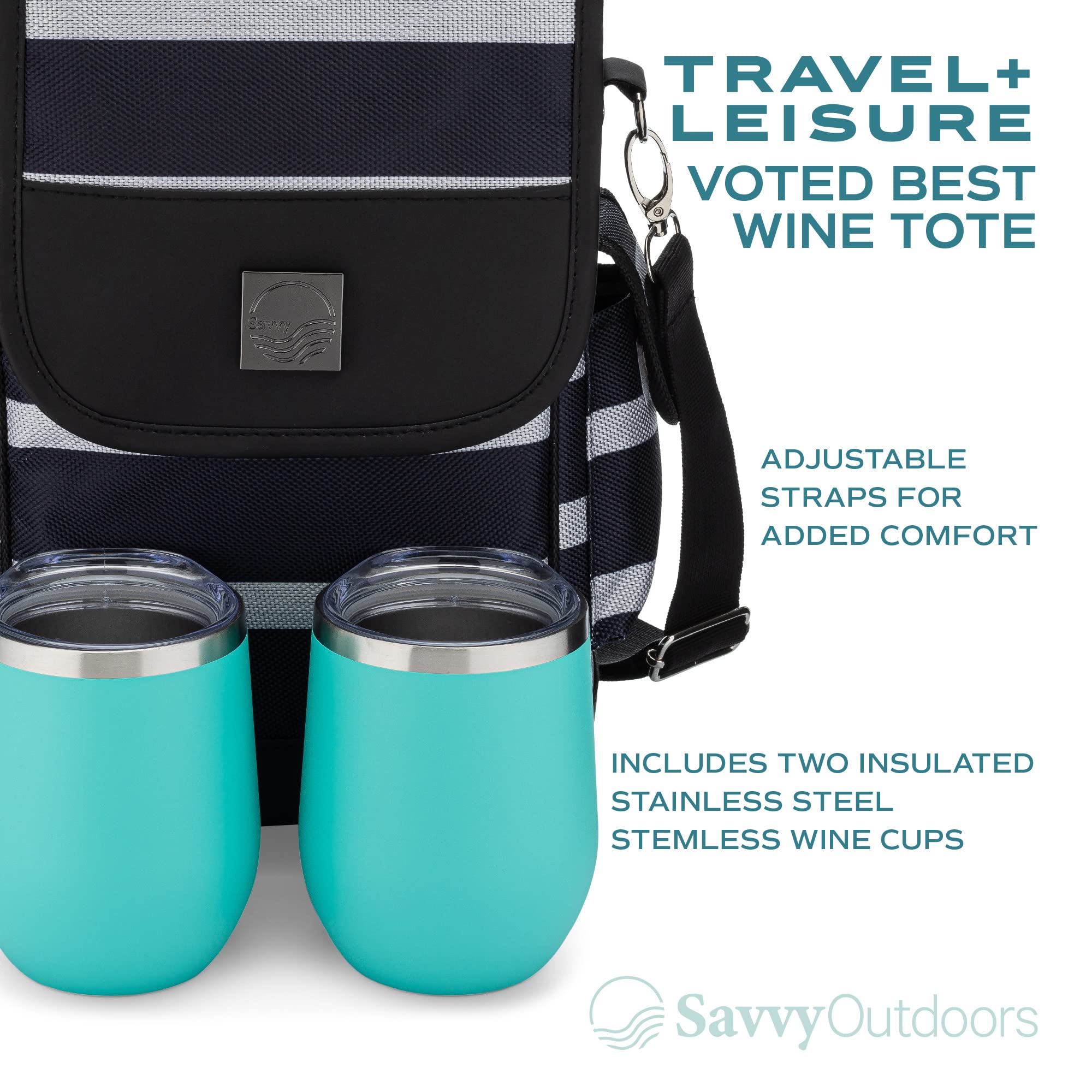 Savvy Outdoors Insulated Wine Tote Bag with Stemless Glasses & Exterior Pouch - Foldable Wine Carrier & Portable Cooler