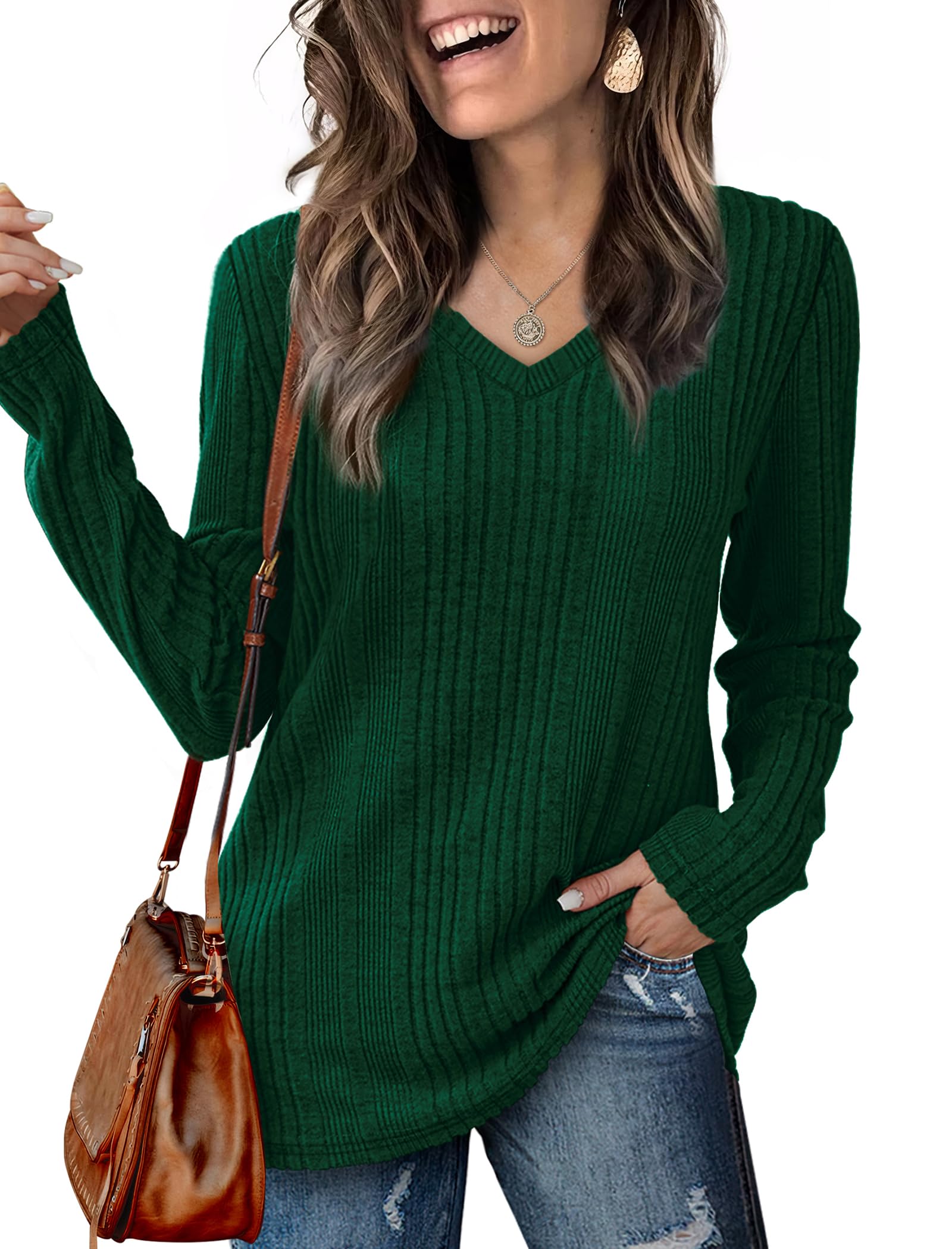 Saloogoe Womens Sweaters Lightweight Long Sleeve Tunic Tops for Women for Leggings Green L