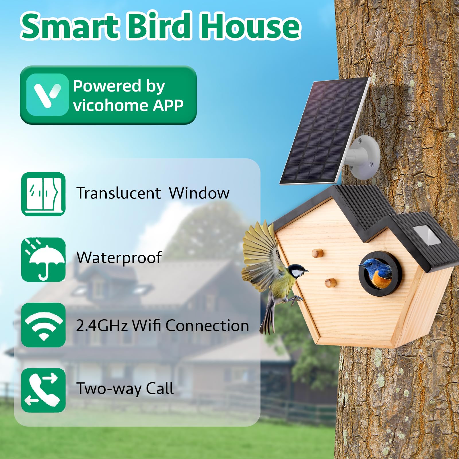 Bird House Feeder with Camera, Outdoor Waterproof Solar Powered, 2K HD Camera AI Recognition for Over 10,000 Species, Real-time Videos & Pictures, a for Bird Lovers (Green)