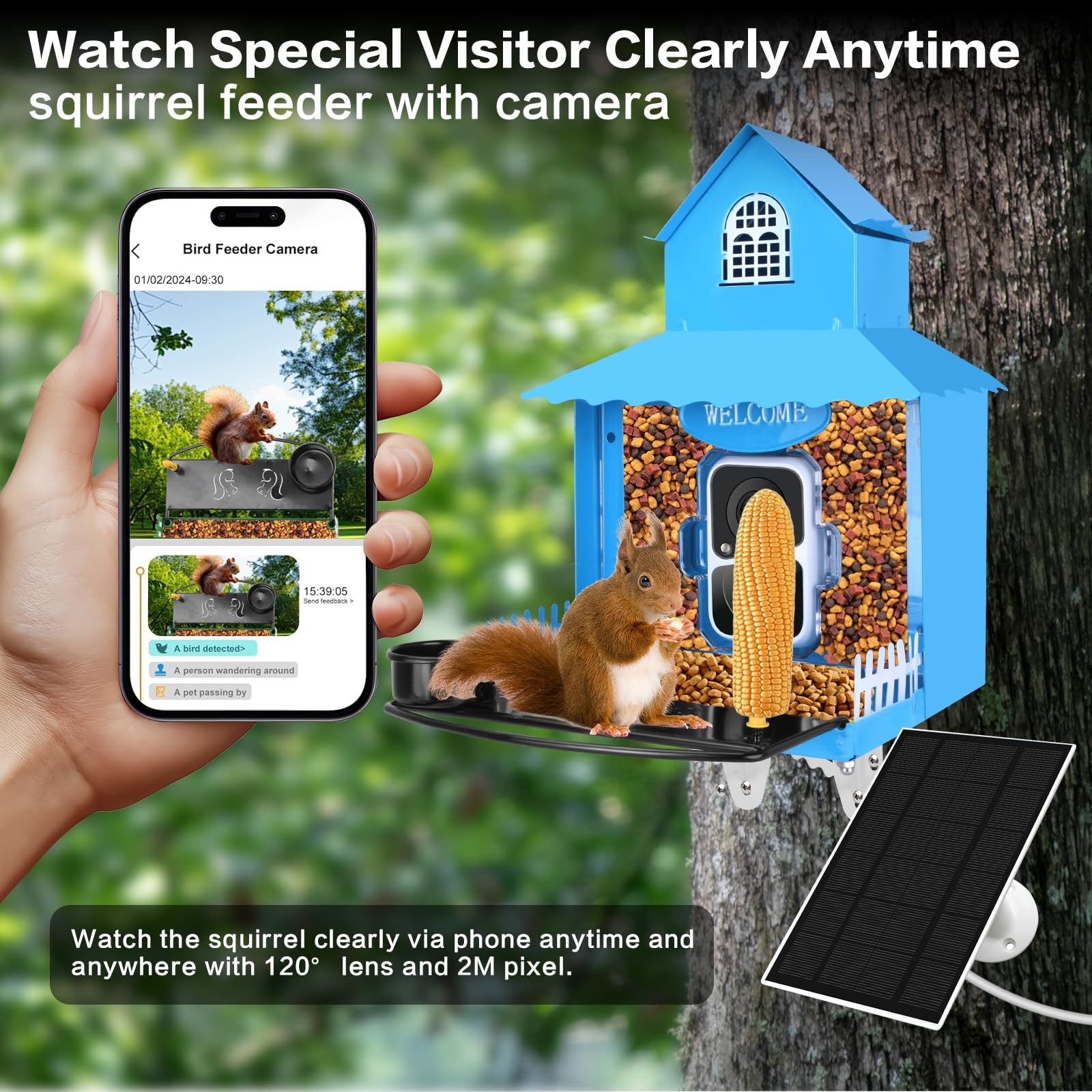 Squirrel Feeder with Camera Solar Powered,Metal Smart Squirrel Feeder Camera with Corn Cob Holder,Squirrel Houses for Outside,2K HD Live View,Ideal for Squirrel Lover