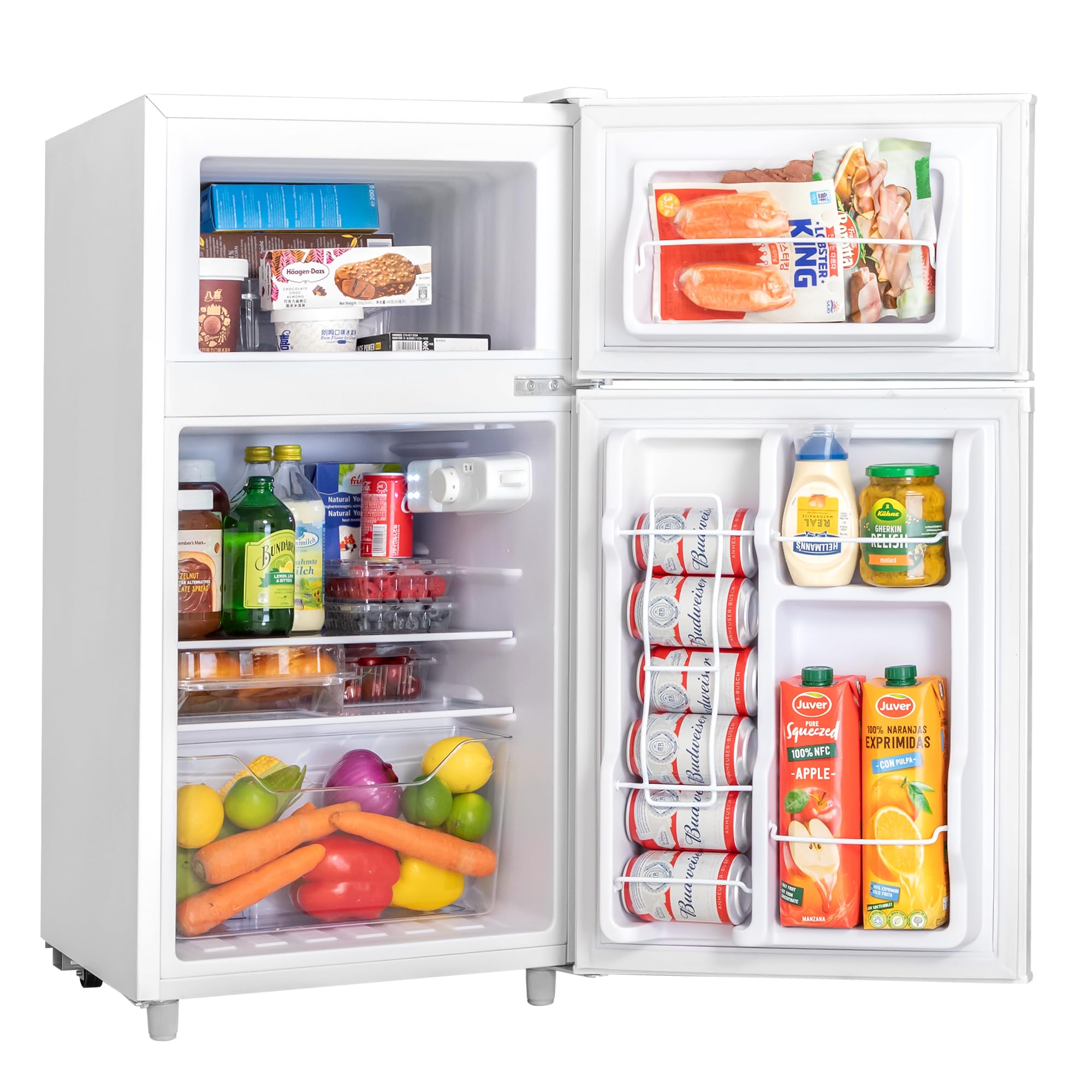 Manastin 3.5 Cu.Ft 2 Door Mini Fridge with Freezer, Small Refrigerator, 7 Level Adjustable Thermostat, Compact Fridge for Living Room, Dorm, Office, Kitchen and Apartment (Pearl White)