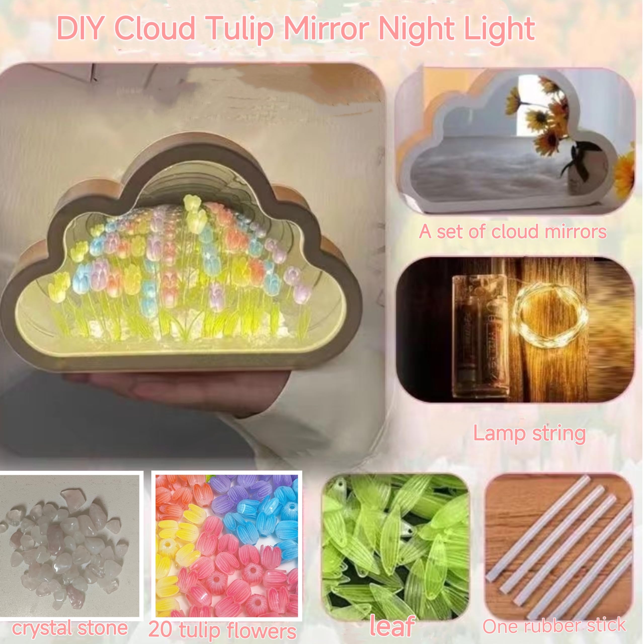 Yckeogln DIY Cloud Tulip Mirror Night Light, Simulation Flower Bedroom Cloud Tulip Table Lamp, Creative Home Decoration, Room Decor for Teen Girls(Pink)