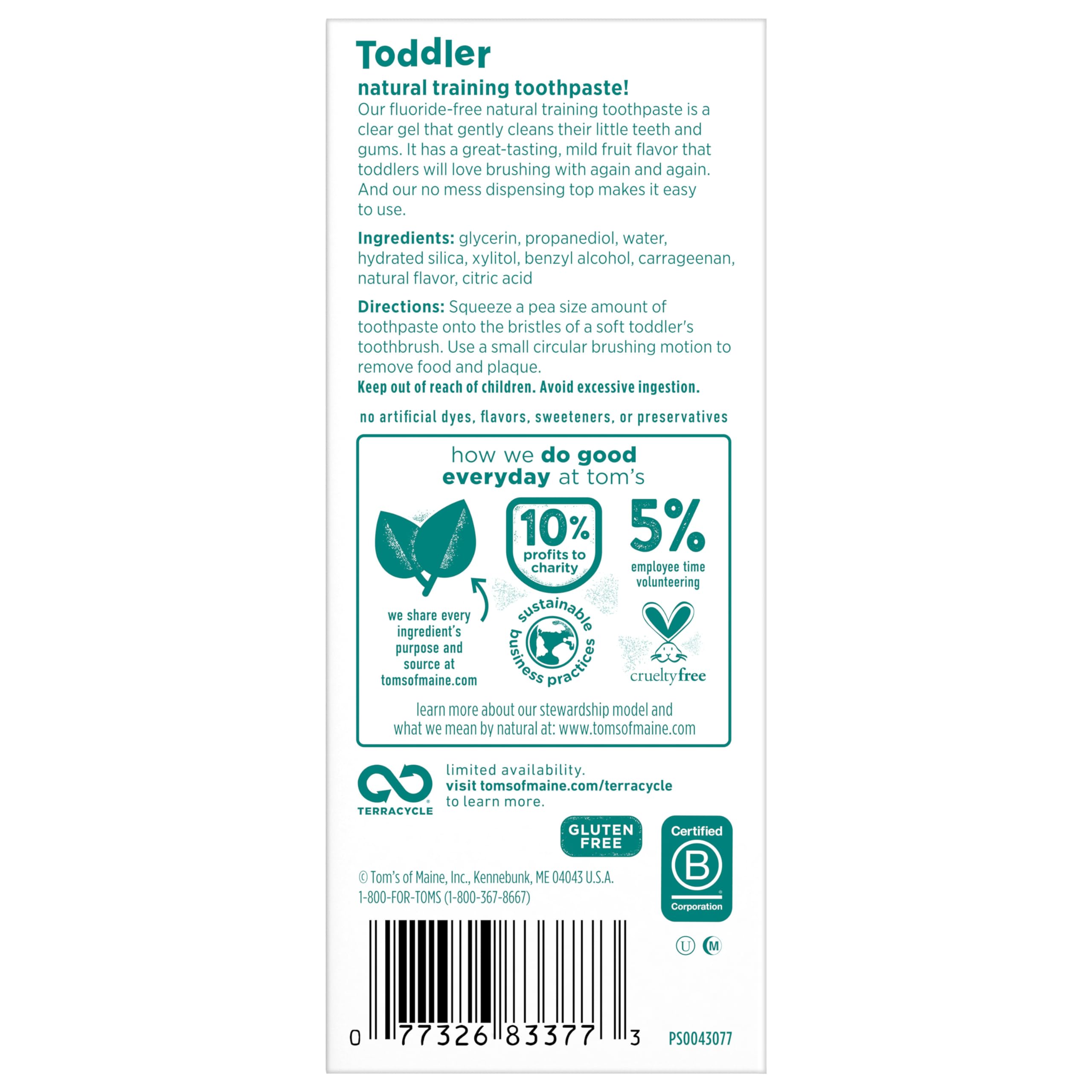 Tom's of Maine Fluoride-Free Toddler Training Toothpaste, Mild Fruit, 1.75 oz. 3-Pack (Packaging May Vary)