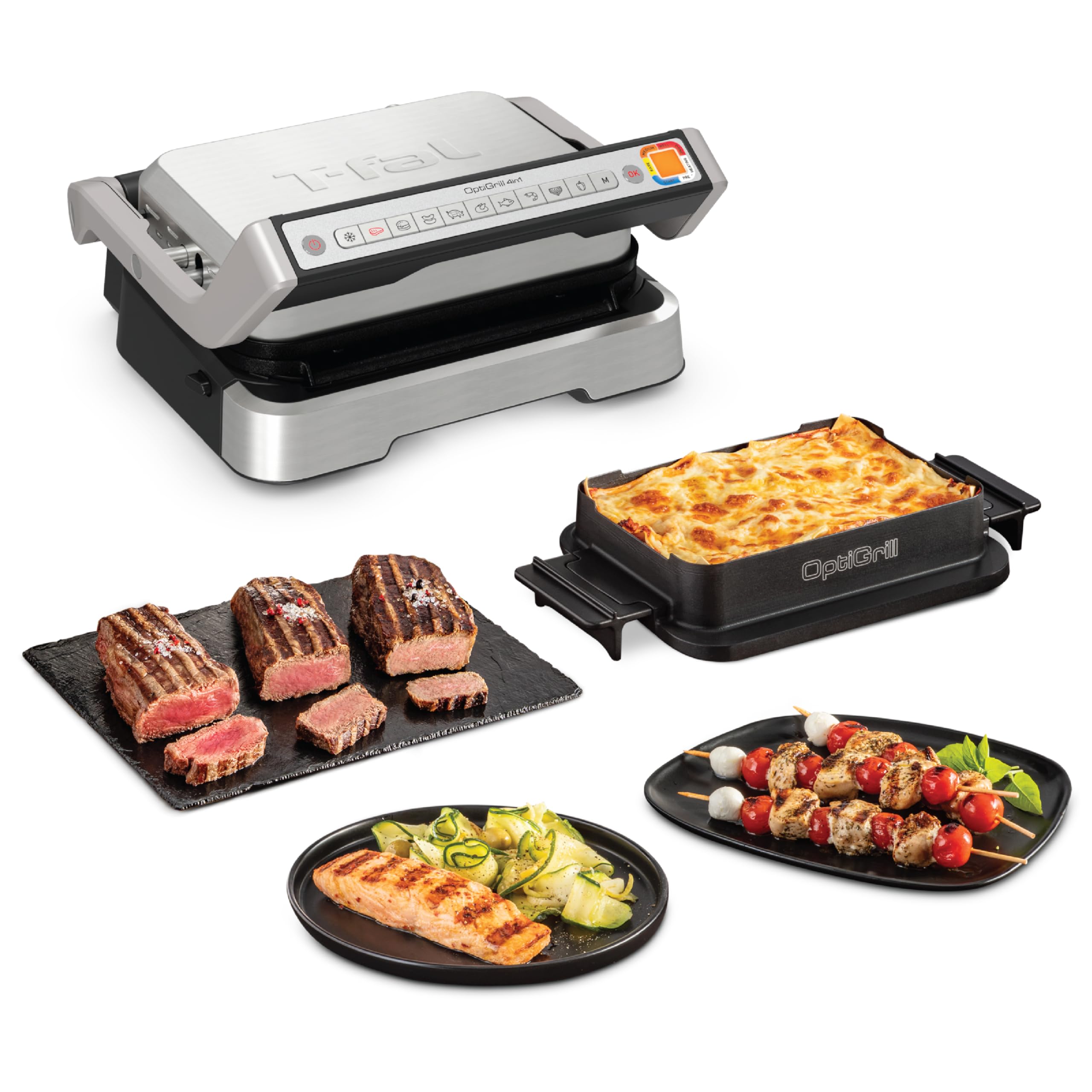 T-fal, Electric Grill Indoor, OptiGrill 4in1, Stainless Steel, 9 Automatic Cooking Modes, Intelligent Grilling, 1800 Watts, Nonstick Removable Plates, Dishwasher Safe, Panini Press Sandwich Maker