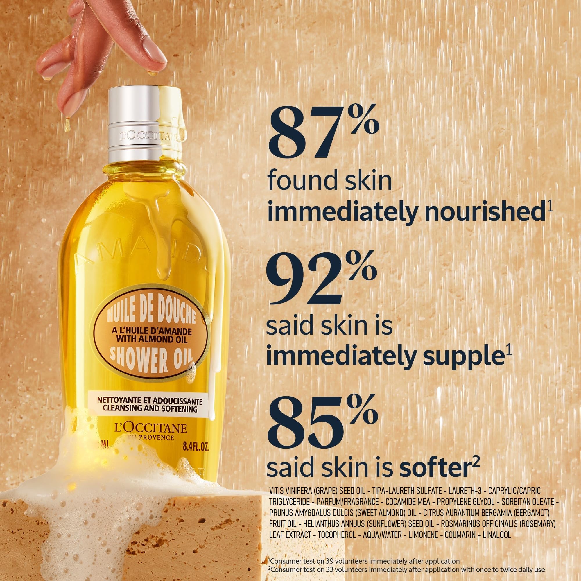 L'OCCITANE Cleansing & Softening Almond Shower Oil: Oil-to-Milky Lather, Softer Skin, Smooth Skin, Cleanse Without Drying, With Almond Oil, 8.4 Fl. Oz