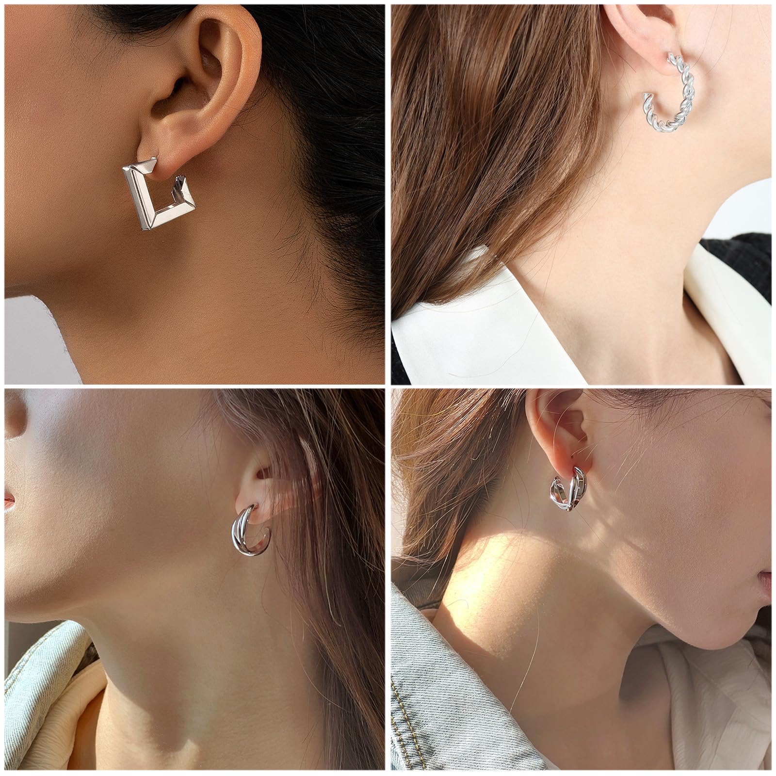 IFKM 24 Pairs Silver Hoop Earrings Set For Women Girls Hypoallergenic Chunky Chain Twisted Open Hoops Dangle Earring Packs For Birthday Party Christmas Fashion Jewelry Gift…