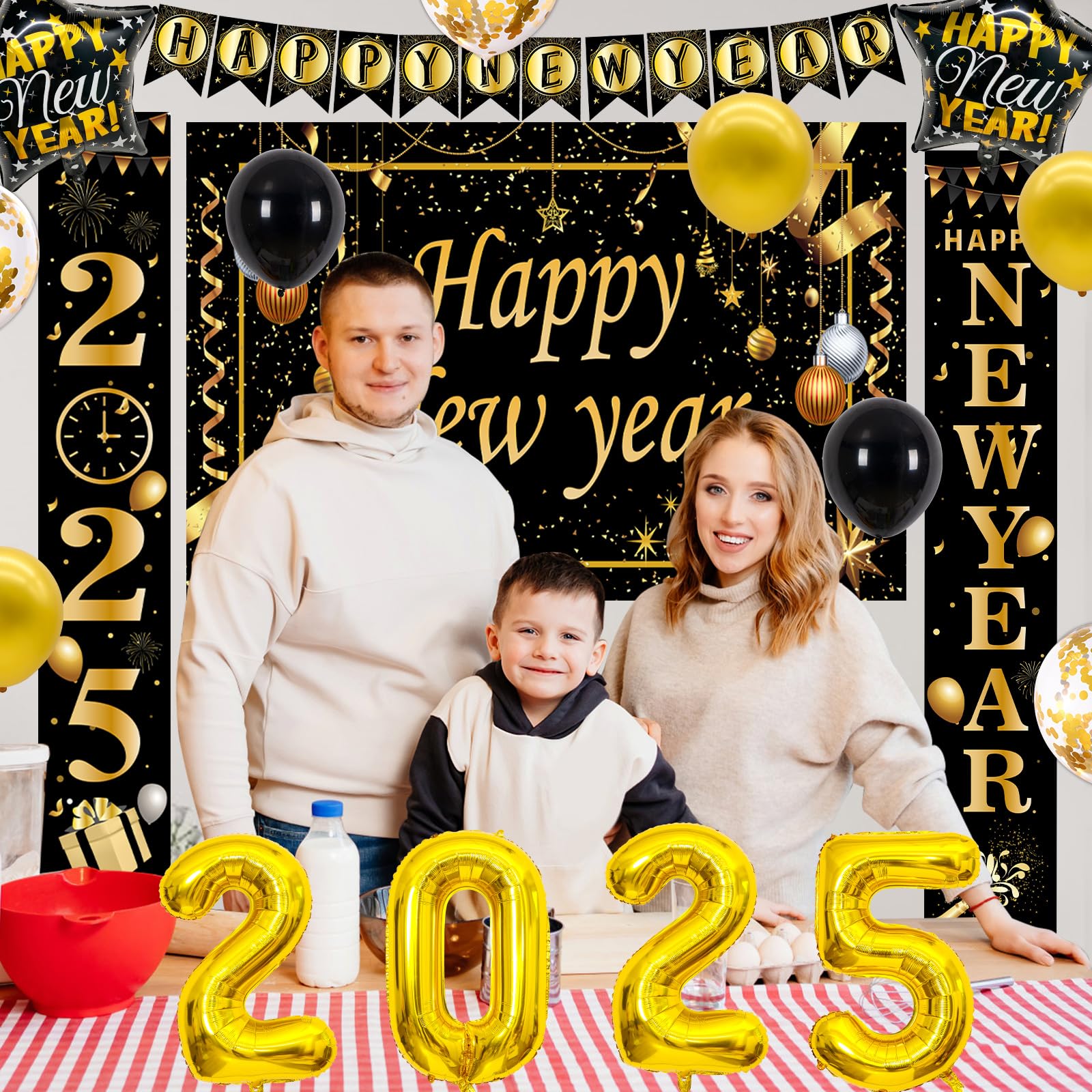 New Years Eve Party Supplies 2025, 40PCS Happy New Year Decorations Black Gold Happy New Years Banner Backdrop New Years Decorations 2025 Number Foil Confetti Balloons Door Banner NYE Decorations 2025