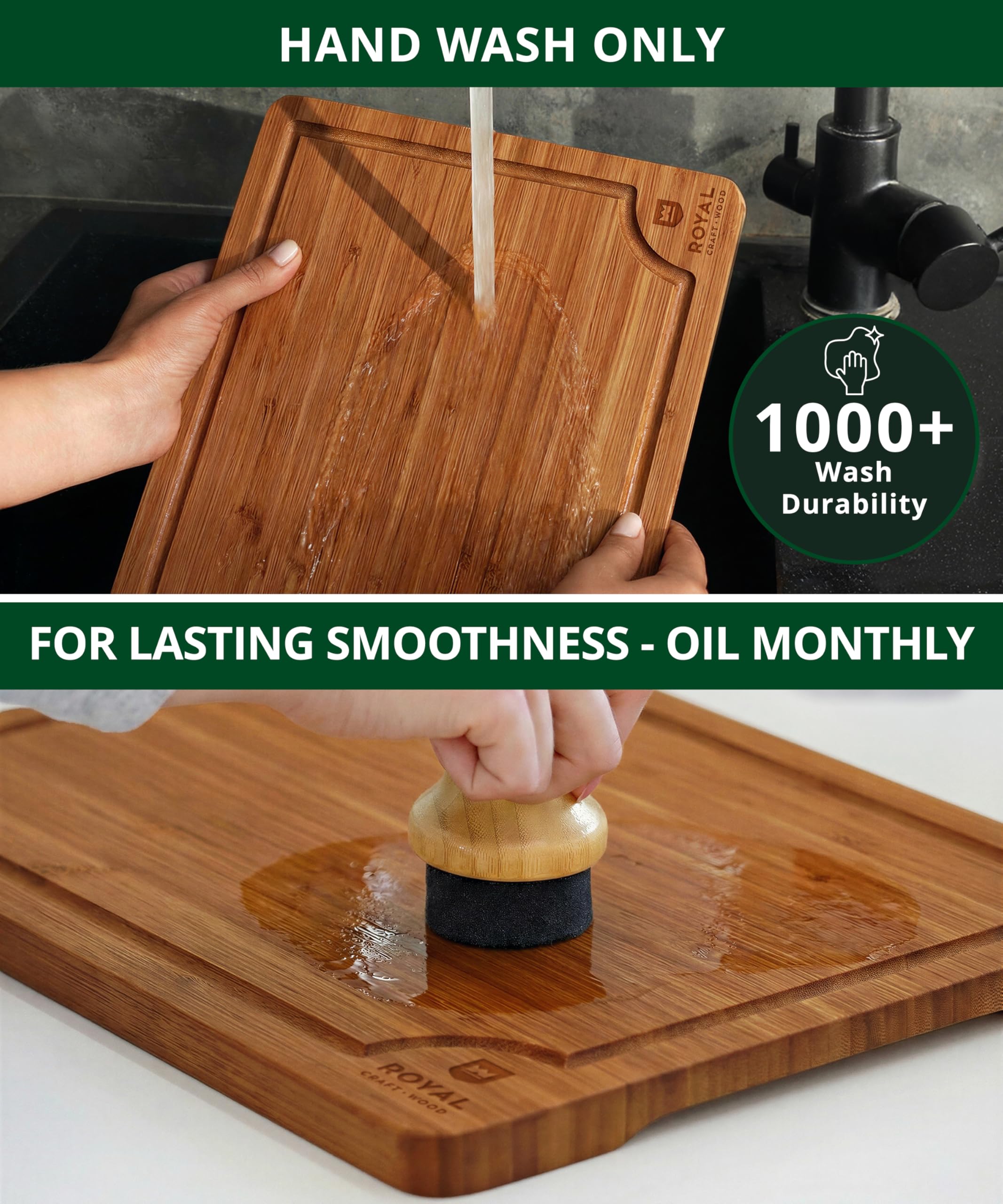 ROYAL CRAFT WOOD Wooden Cutting Boards for Kitchen Meal Prep & Serving - Bamboo Wood Serving Board Set with Deep Juice Groove Side Handles - Charcuterie & Chopping Butcher Block for Meat