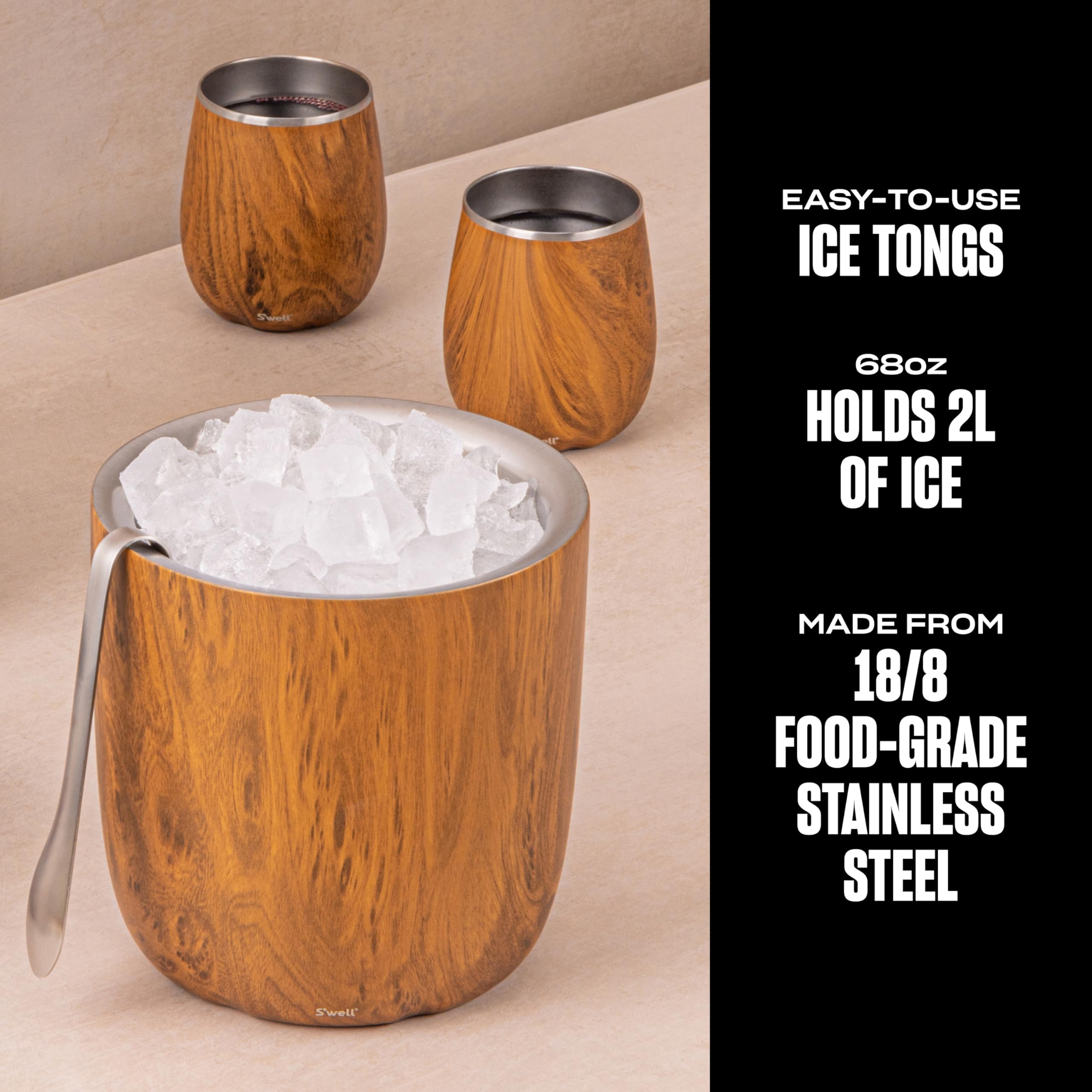 S'well Stainless Steel Ice Bucket with Tongs, Holds 68oz of Ice, Teakwood, Triple Layered Vacuum Insulated Container Keeps Ice Colder for Longer, BPA Free Barware