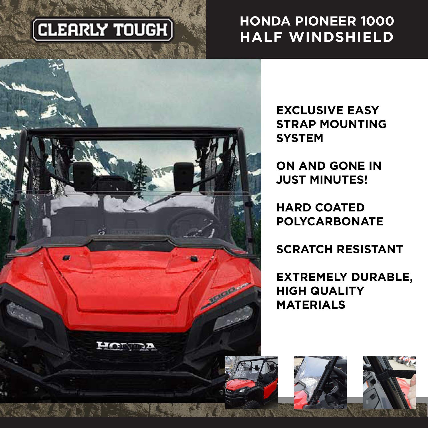 Honda Pioneer 1000 / 1000-5 Half Windshield by Clearly Tough | SCRATCH RESISTANT | Easy on and off | Premium Lexan MR10 poly w/ Hard Coat | Proudly Made in America!