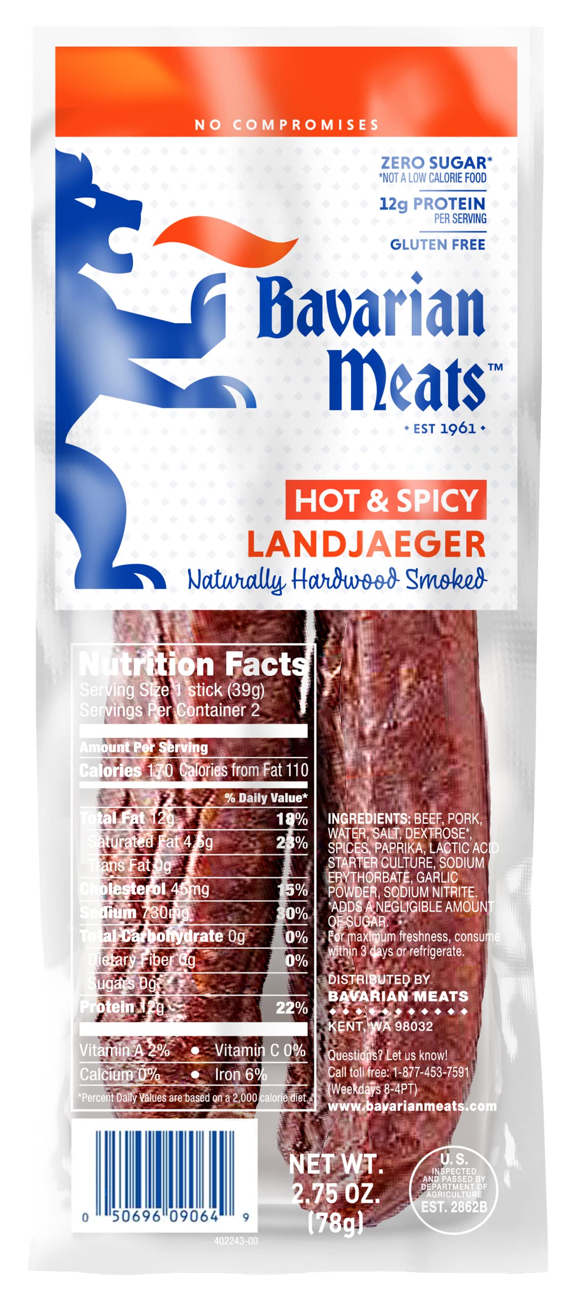 Bavarian Meats Hot & Spicy Landjaeger German Style Smoked Sausage Snack Sticks, 2.75 Ounce (Pack of 6)