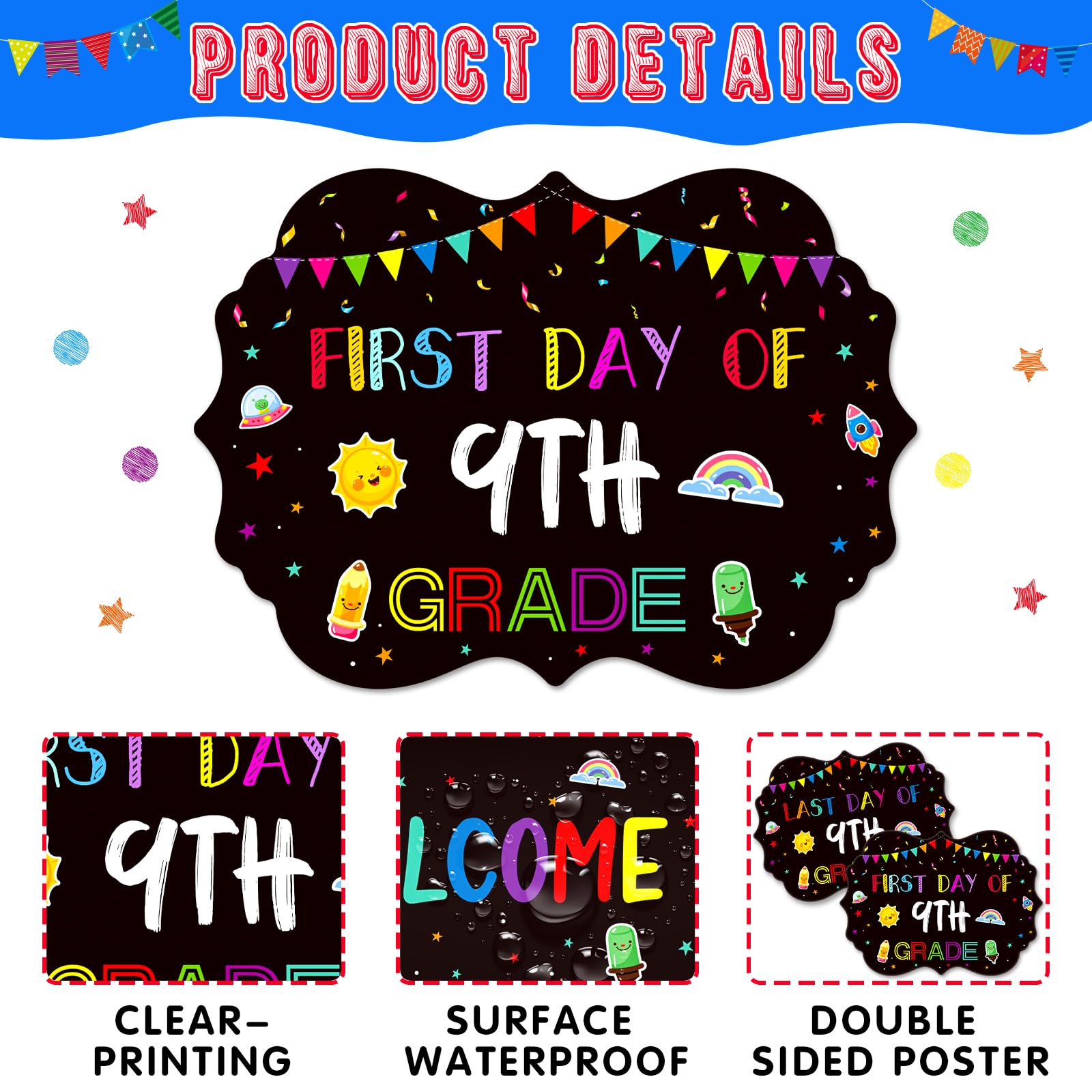 JUESMOS First and Last Day of School Sign Double Sided Back to School Chalkboard Style Photo Prop Signs for Kids Girls Boys Reusable 15 Grades Preschool Kindergarten First Grade Photo Props Supplies