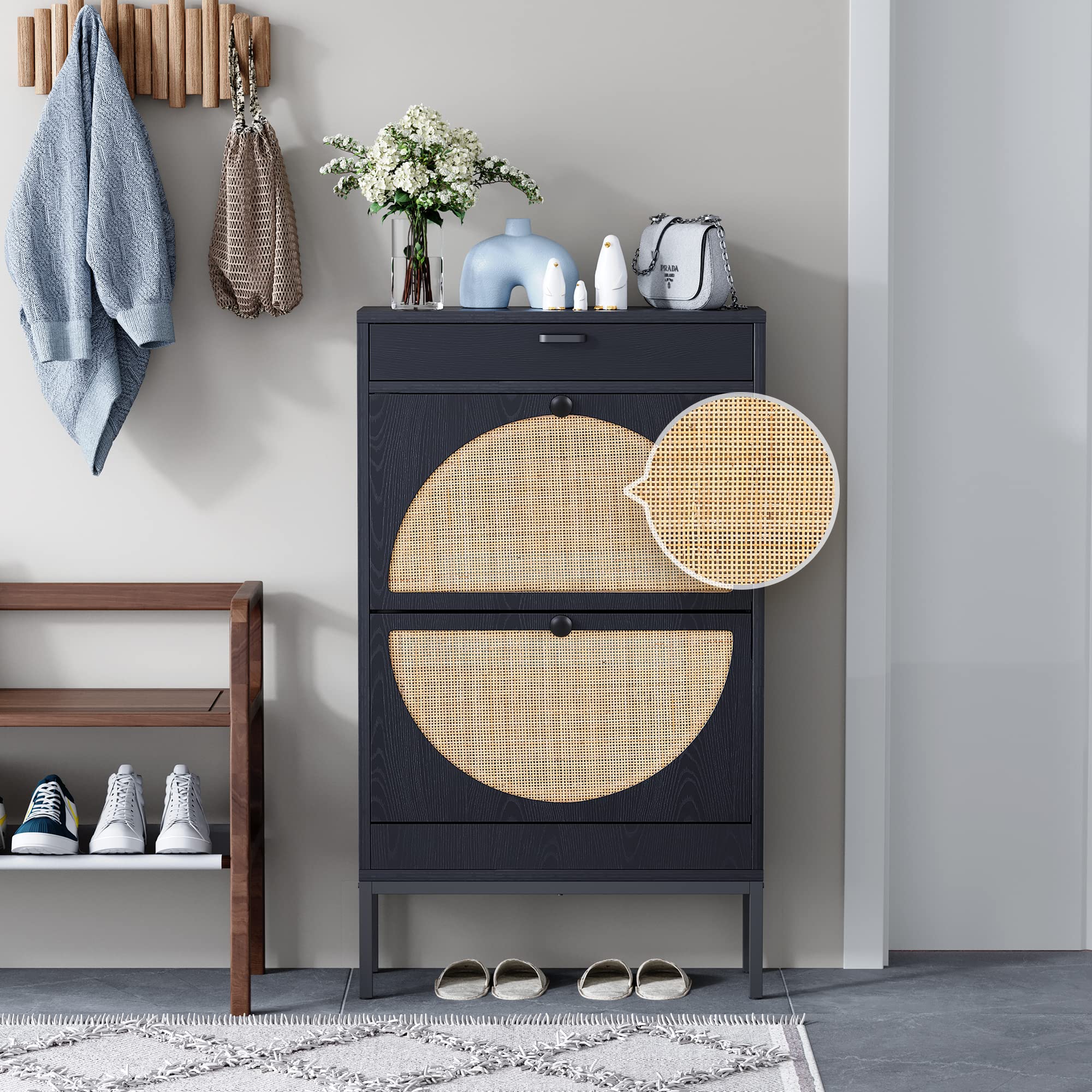 Yechen Shoe Rack Storage Organizer with 2 Natural Semi-Circular Rattan Doors, Entryway Wooden Shoe Cabinet for Sneakers, Leather Shoes, High Heels, Slippers (Black)