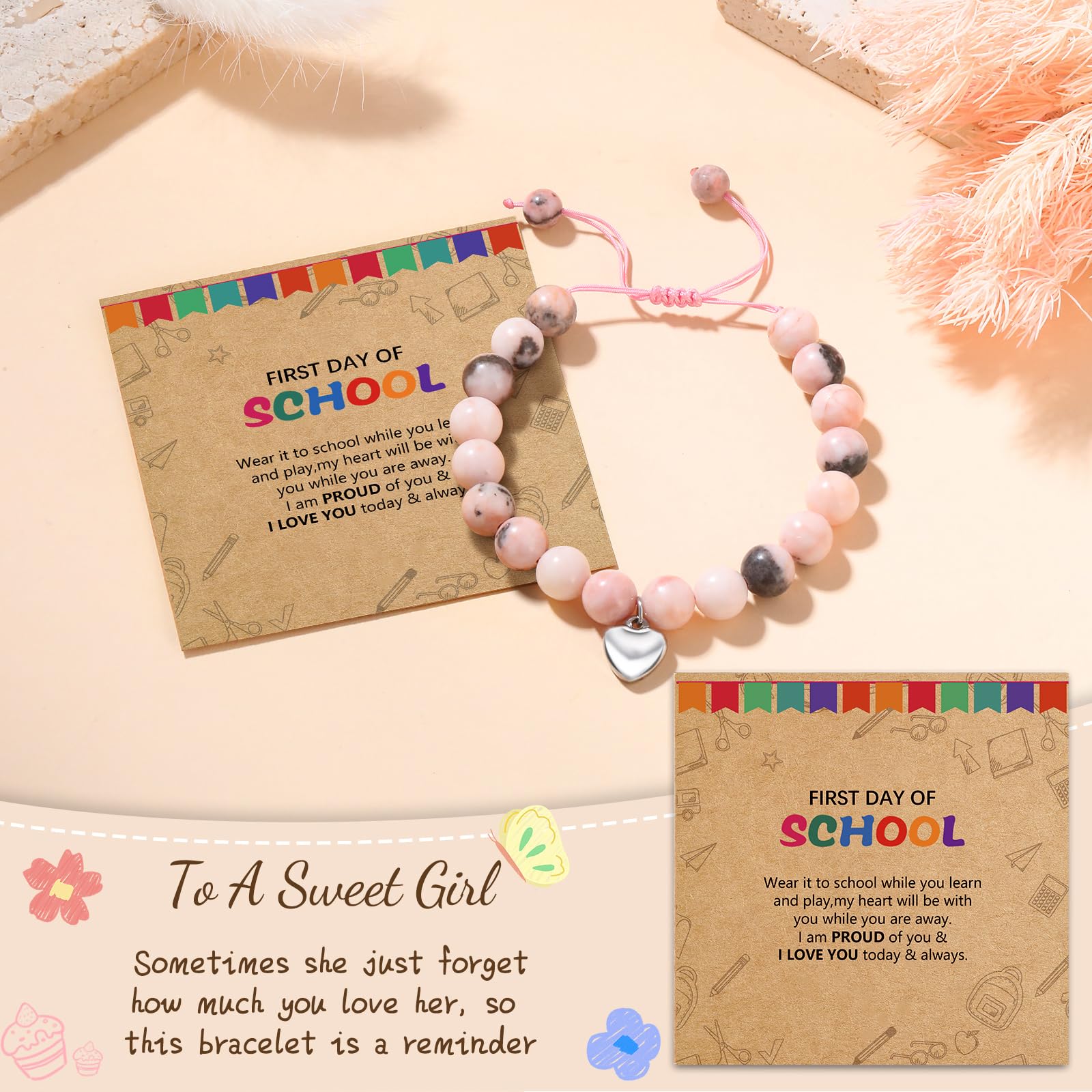 Alissl Back to School Gifts for Girls, Adjustable Pink Natural Stone Bracelet with Sweet Heart Charm Gifts for Teen Girls Daughter Granddaughter Niece
