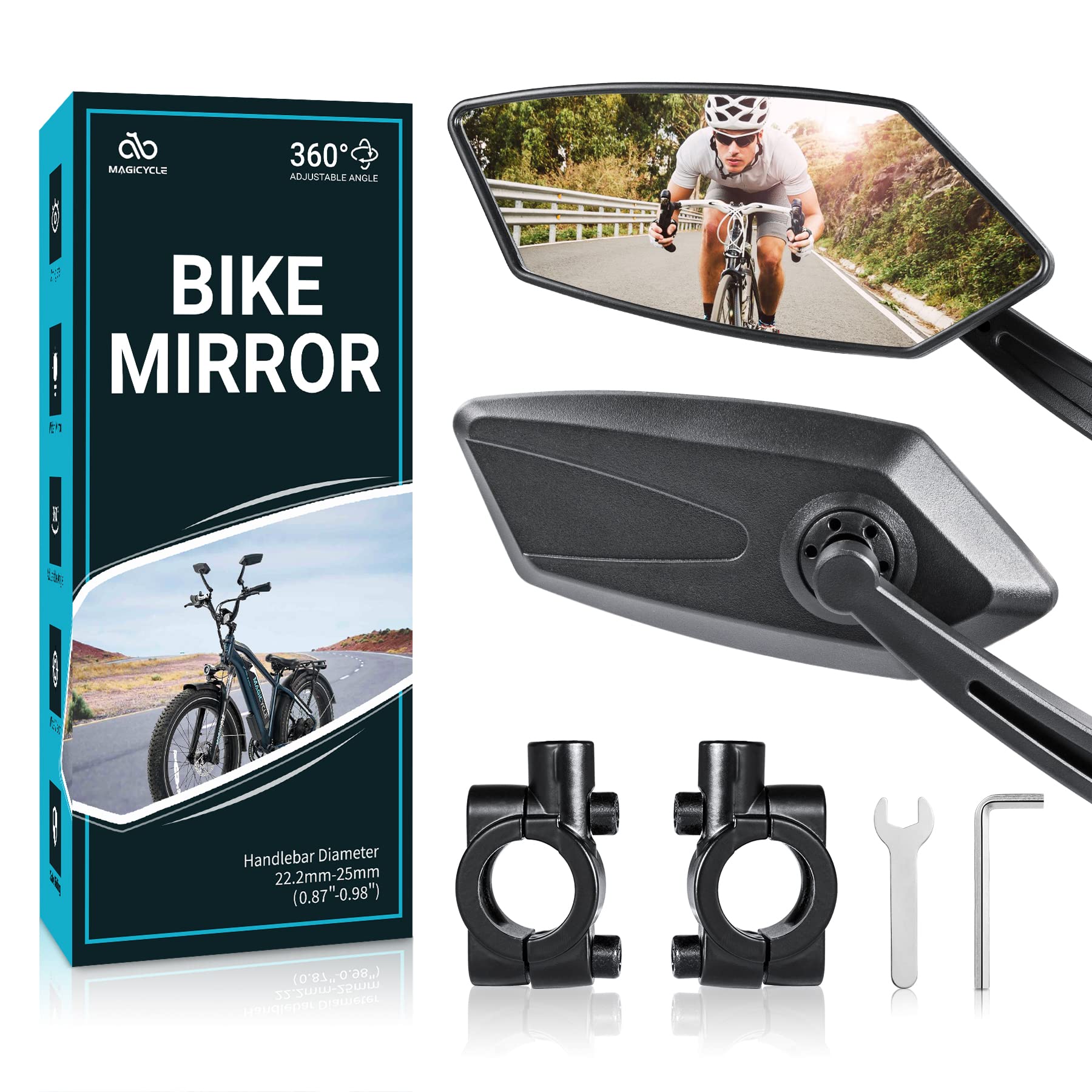 Bike Mirror 1 Pair, MAGICYCLE Bike Mirrors Handlebar Rear View Mirror, E-Bike Mirrors, 360 Degree Adjustable Rotatable Bicycle Mirrors for Handlebars, Safe Wide Angle HD Glass Bike Side Mirrors