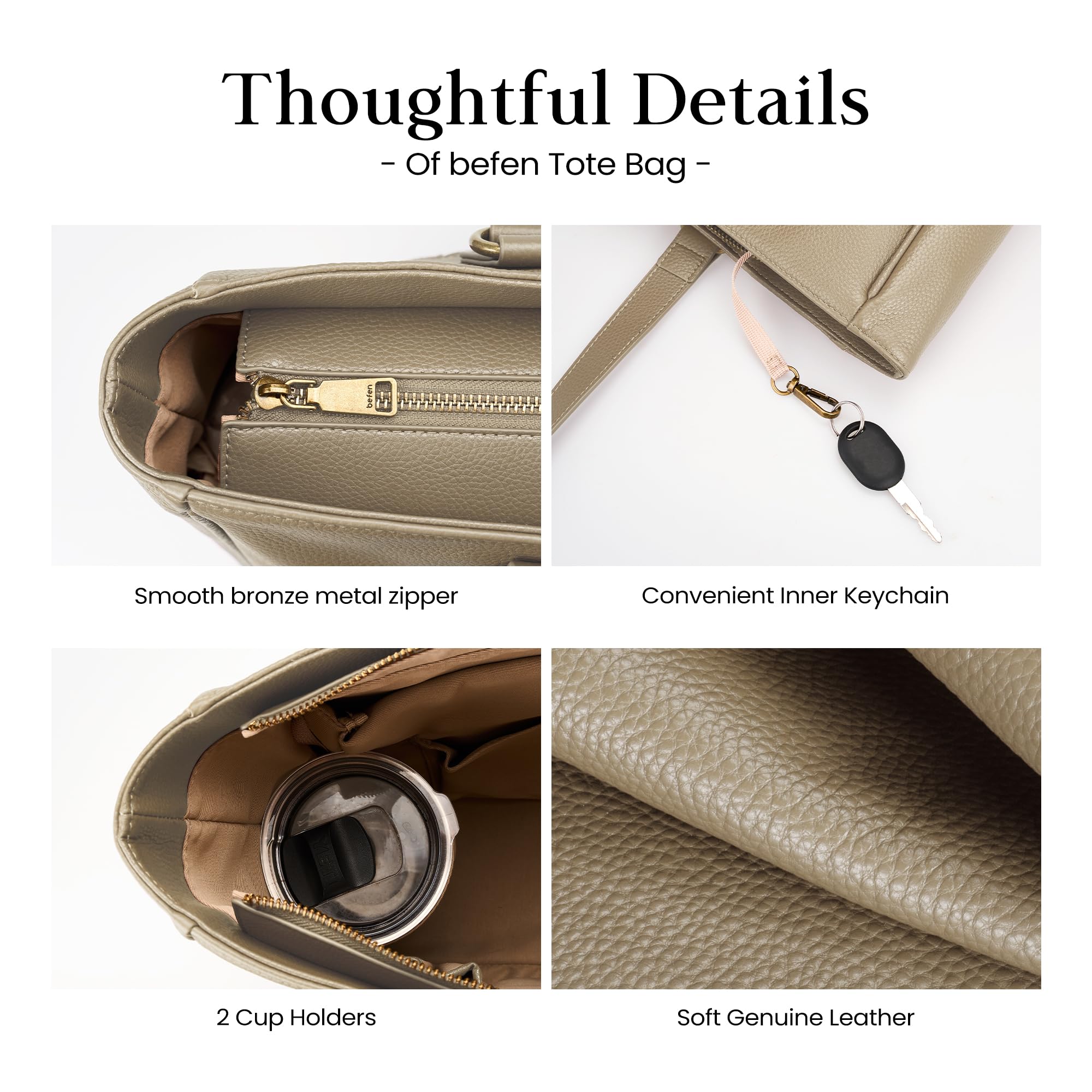 befen Genuine Leather Tote Bag Purse for Women, Women's Shoulder Totes Bags Purses Satchel Handbags with Padded Compartment for Daily & Travel Taupe
