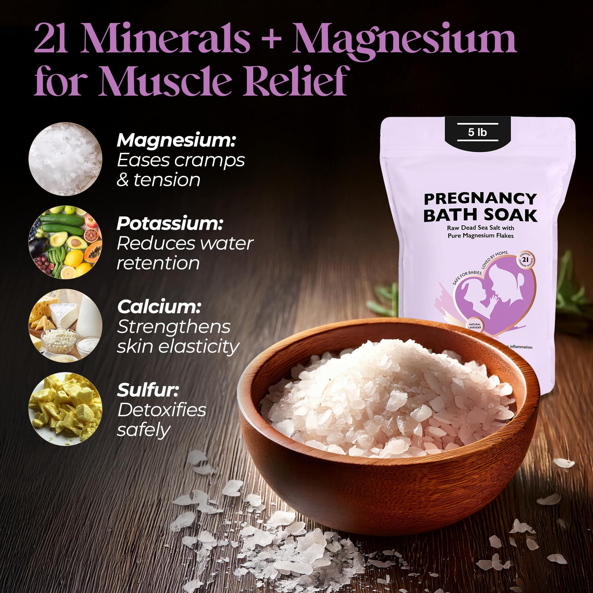 Aromasong Dead Sea Pregnancy Bath Soak 5 LB - Natural Lavender Pure Magnesium Flakes & Minerals - Pregnancy, Postpartum Muscle Ache & Leg Discomfort - Better Absorbs Than Epsom (Packaging May Vary)