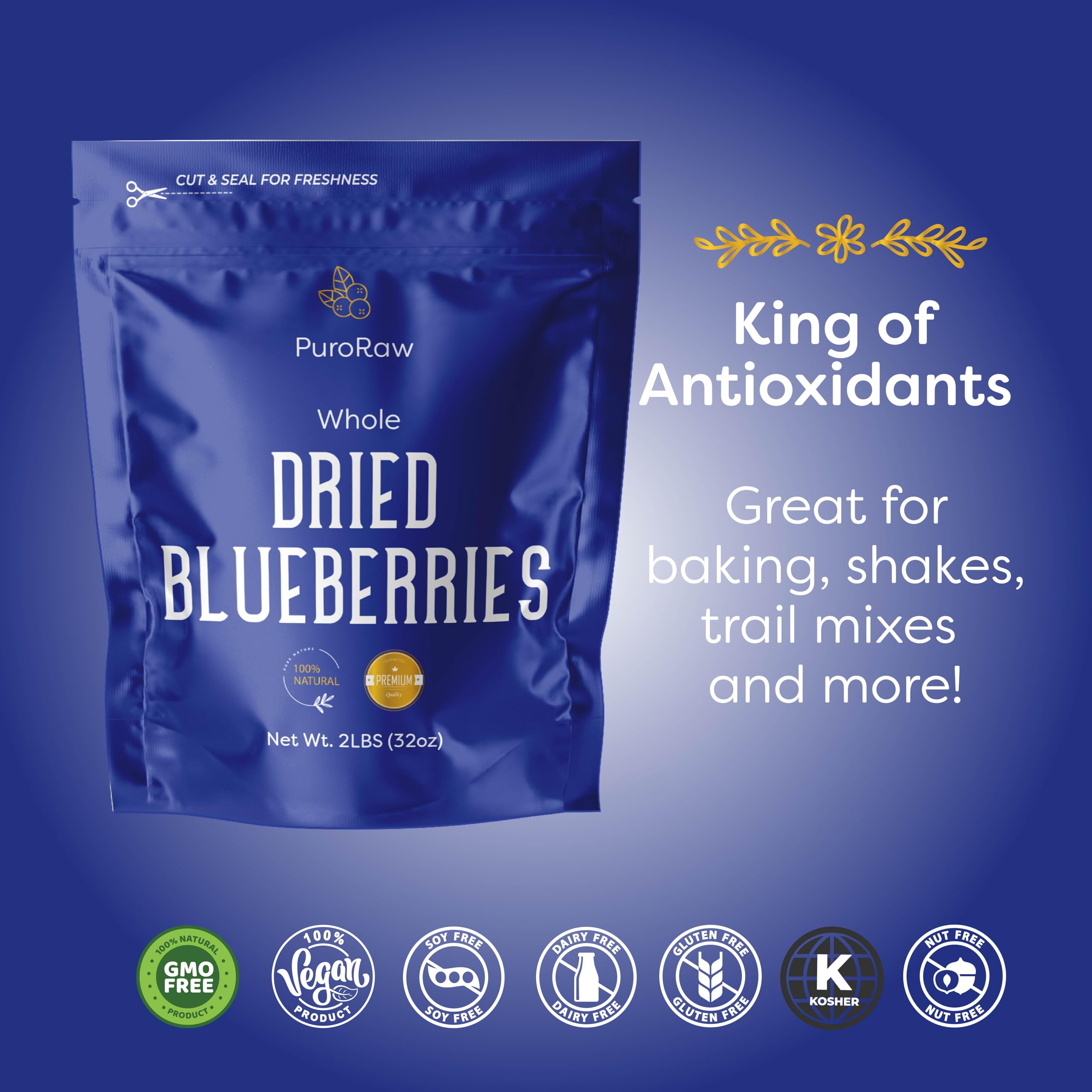 PuroRaw Dried Blueberries No Sugar Added, 2 lbs. Blue Berries Fruit, Dehydrated Blueberries Fresh Dried Blueberries Bulk, Blueberry Raisins. All Natural, Non-GMO, Batch Tested, 2 pounds