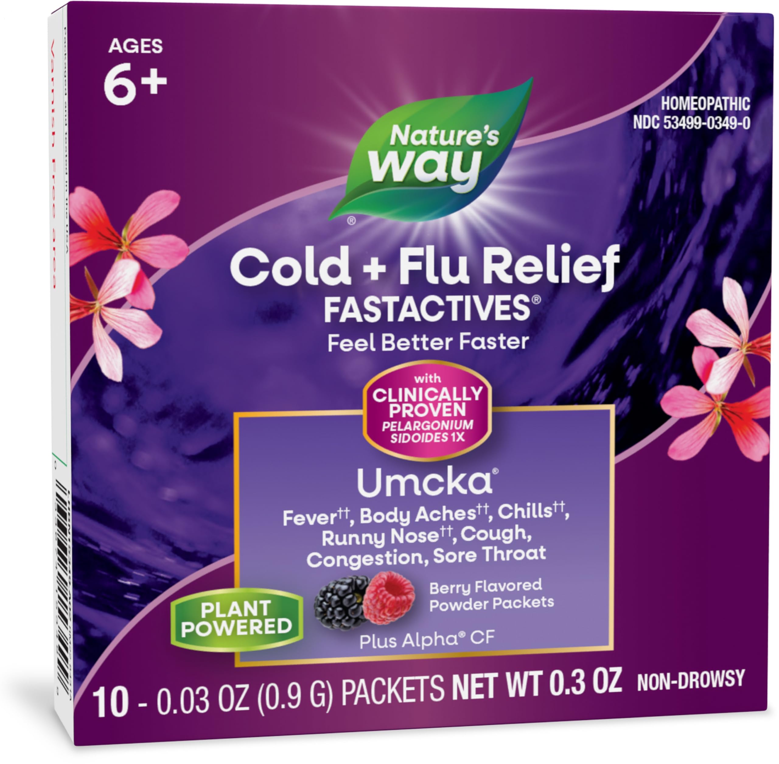 Nature's Way Cold + Flu Relief FastActives, Umcka, Homeopathic, Fever, Sore Throat, Cough, Congestion, Body Aches, Phenylephrine Free, Non-Drowsy, Berry Flavored, 10 Packets (Packaging May Vary)