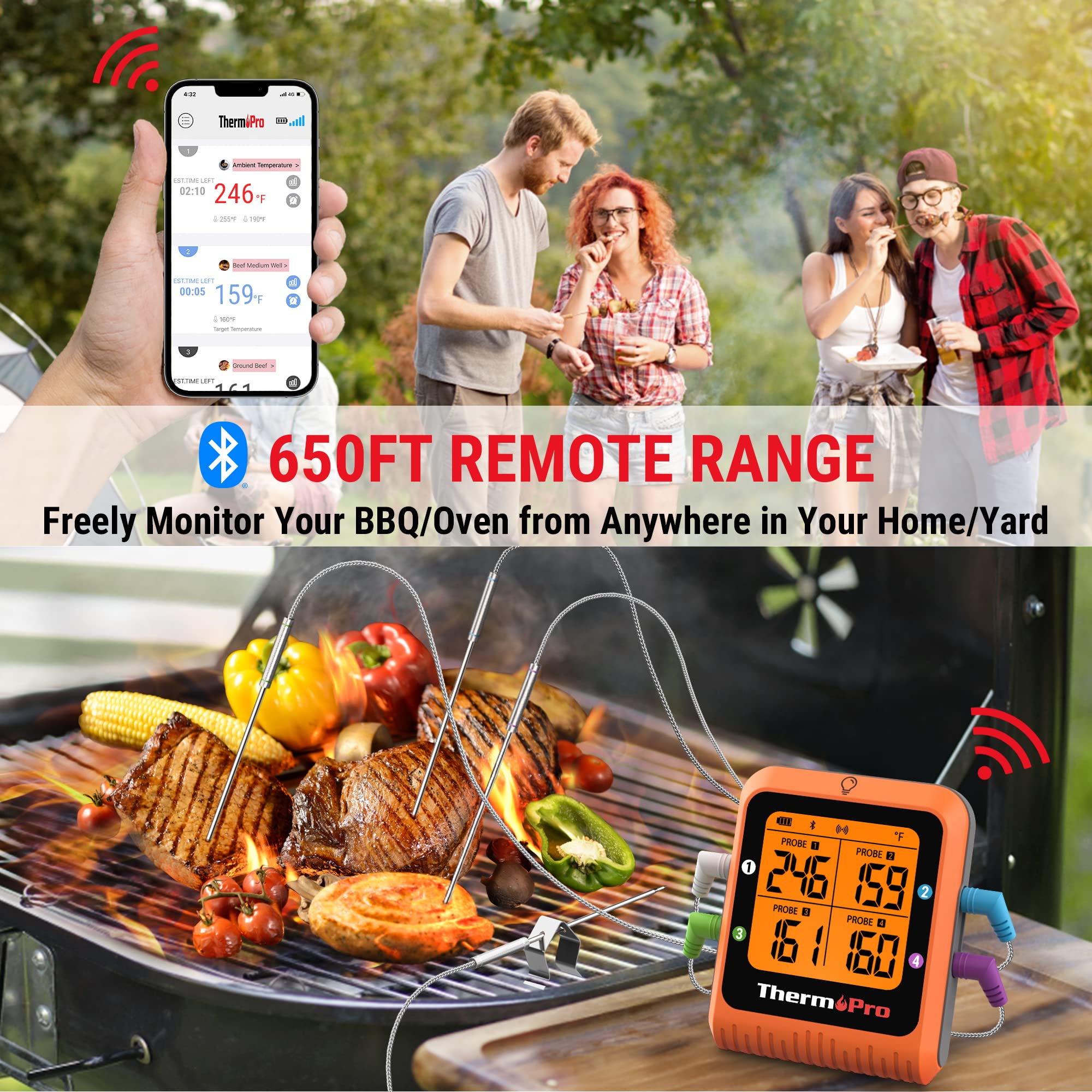 ThermoPro TP930 650FT Wireless Meat Thermometer, Bluetooth Meat Thermometer with 4 Color-Coded Meat Probes, Grill Thermometer with Timer, Commercial Cooking Tools & Utensils Meat Thermometer Wireless