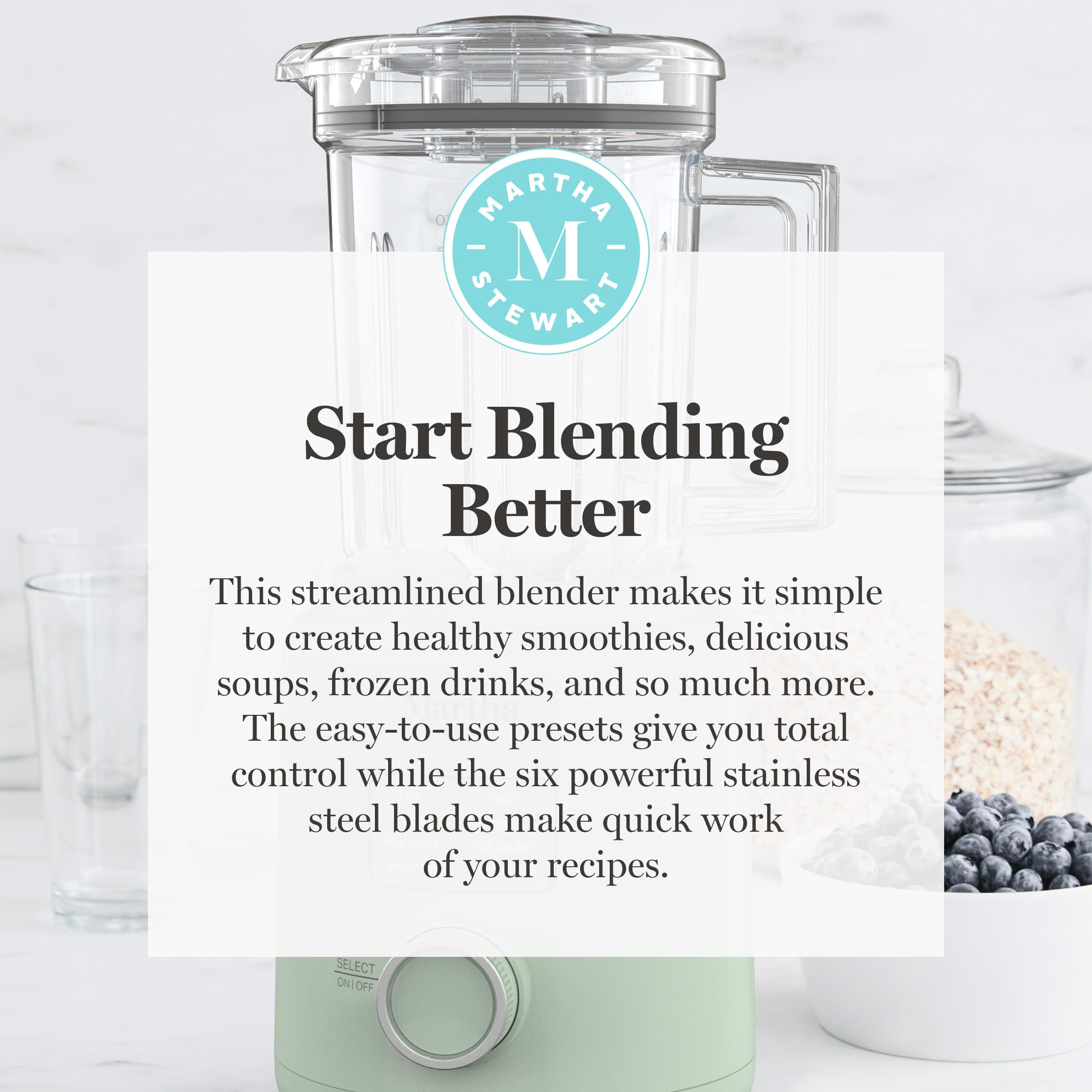 Martha Stewart Countertop Blender, 50oz Jar, 6 Stainless Steel Blades 3 Speeds & 5 Presets, Auto Clean, Smoothies, Crush Ice, Shakes, Chop, Margarita, Measurement Markings, 700W, Honeydew Green