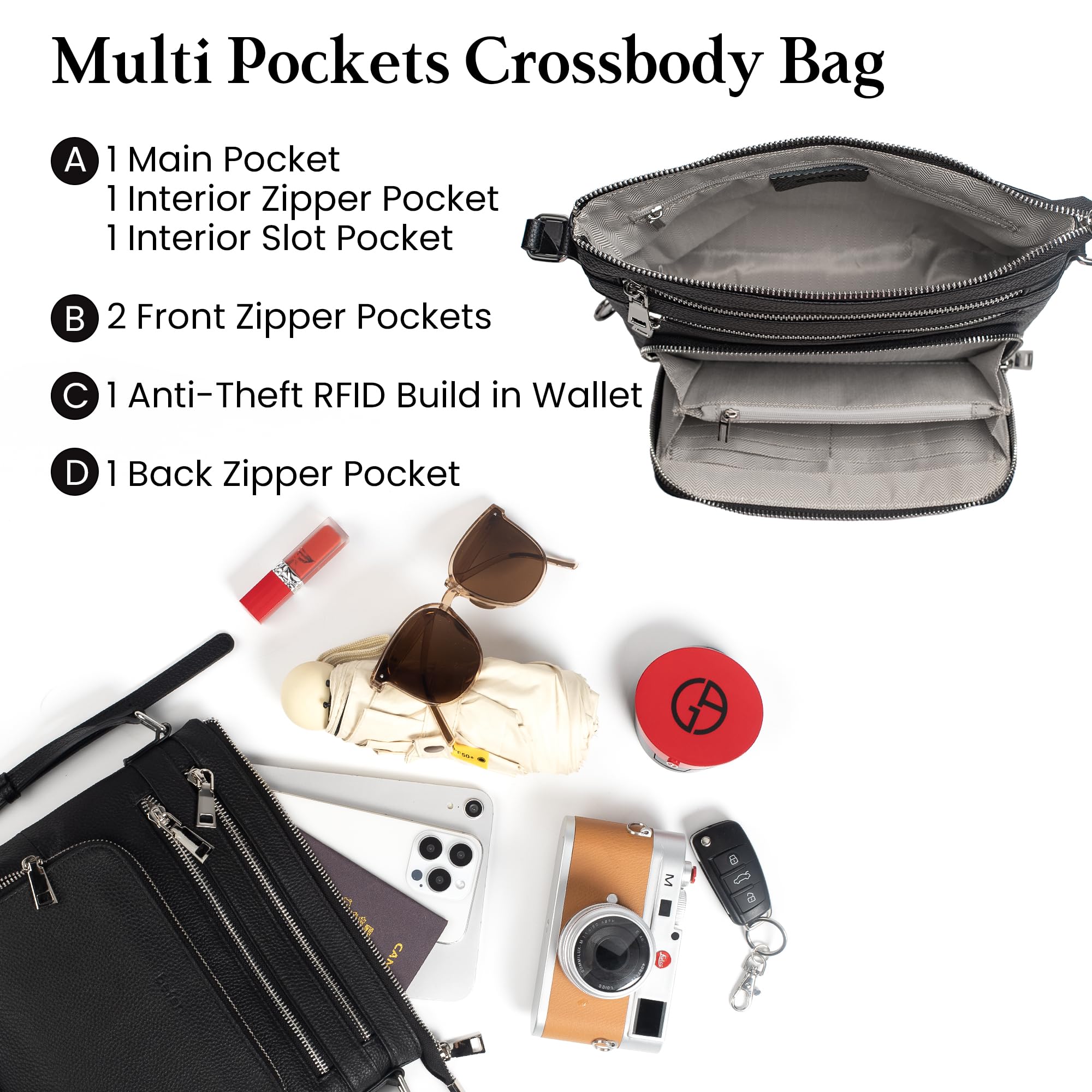 befen Black Genuine Leather Crossbody Purses for Women, Ladies Anti-Theft Medium Crossbody Shoulder Bags with Built in RFID Blocking Wallet