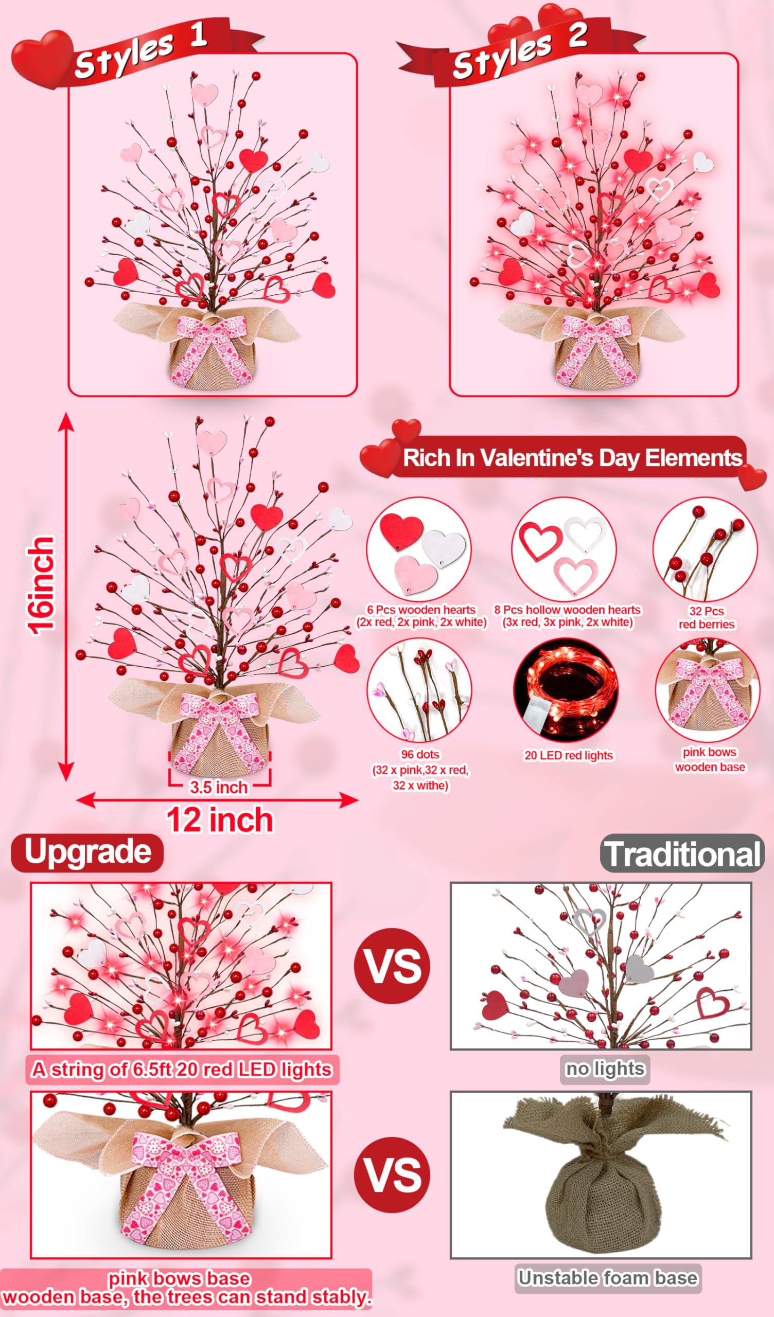 TURNMEON 2 Pack Valentine's Day Tree Tabletop Decorations 20 Red Lights Battery Operated 16 Inch 14 Red Pink Heart 32 Red Berries Valentines Decorations Home Table Bedroom Indoor Party Wedding Decor