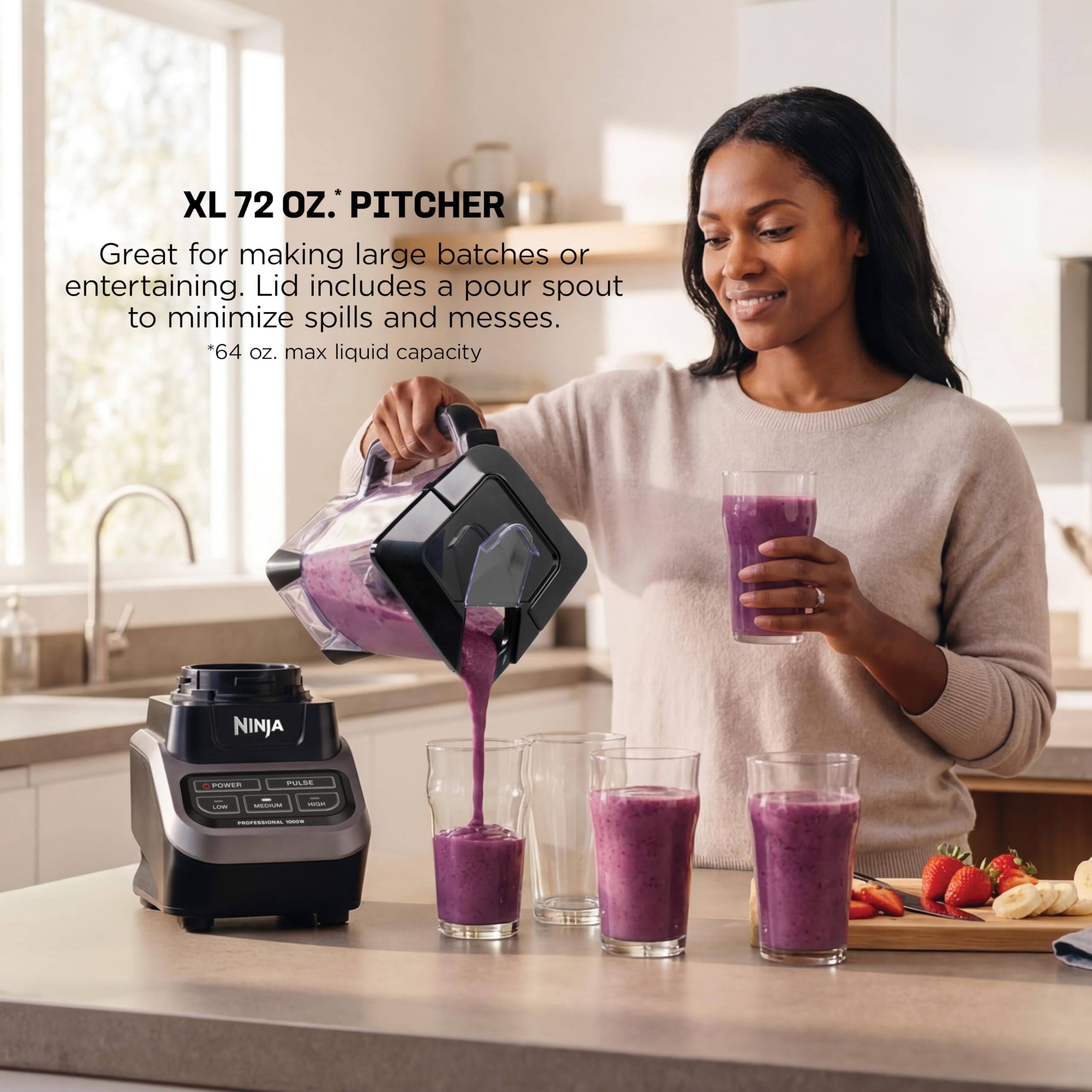 Ninja Professional Blender, Smoothie Blender, Drink Mixer, Grinder, Ice Crusher, Frozen Fruit Blending | Professional 1000 W Power, Total Crushing ™ Technology, XL 72-oz. Pitcher Black, Grey, BL610