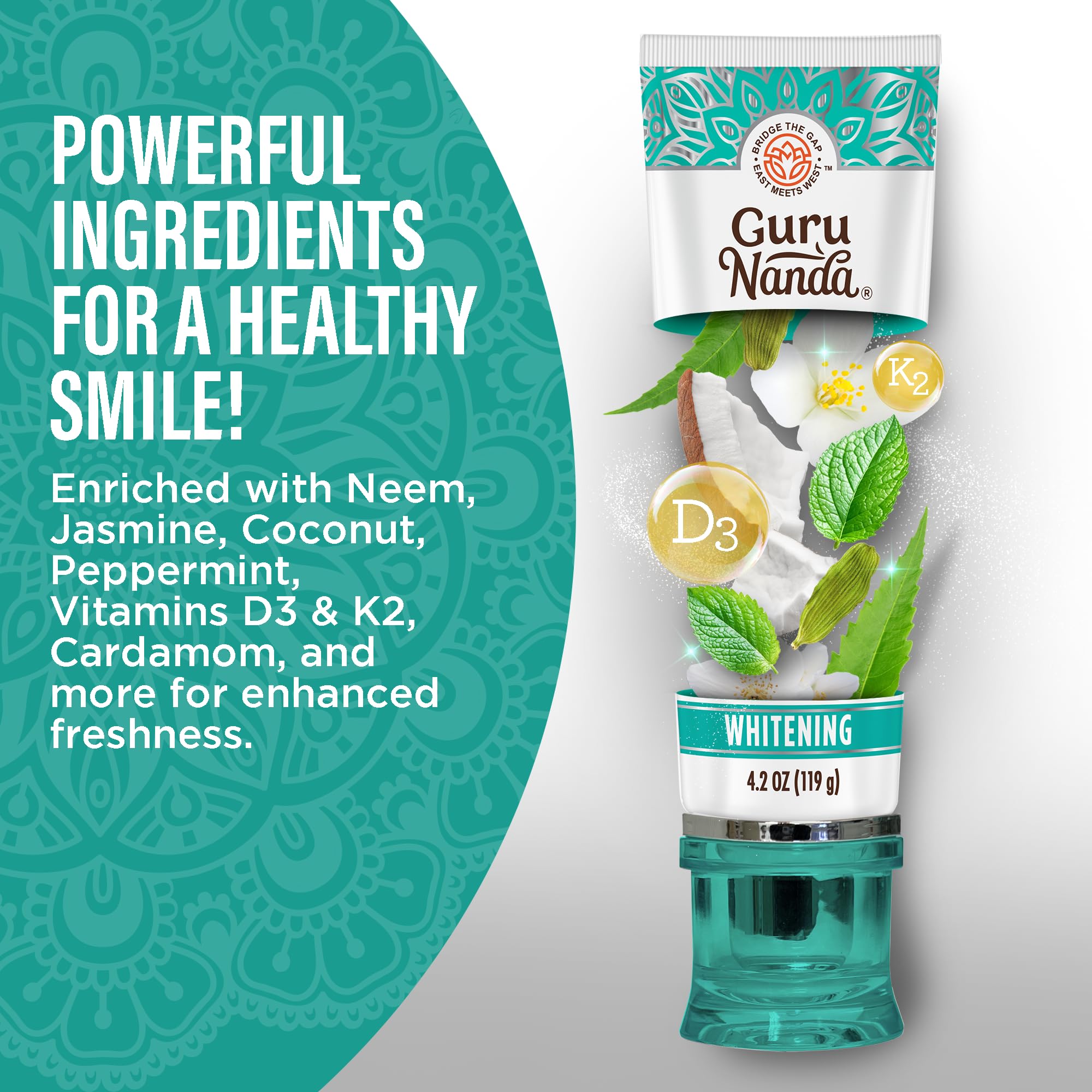 GuruNanda Hydroxyapatite Toothpaste, SLS & Fluoride Free, Whitening Toothpaste - Freshens Breath, Fights Plaque - Natural CocoMint Jasmine Neem, 4.2oz