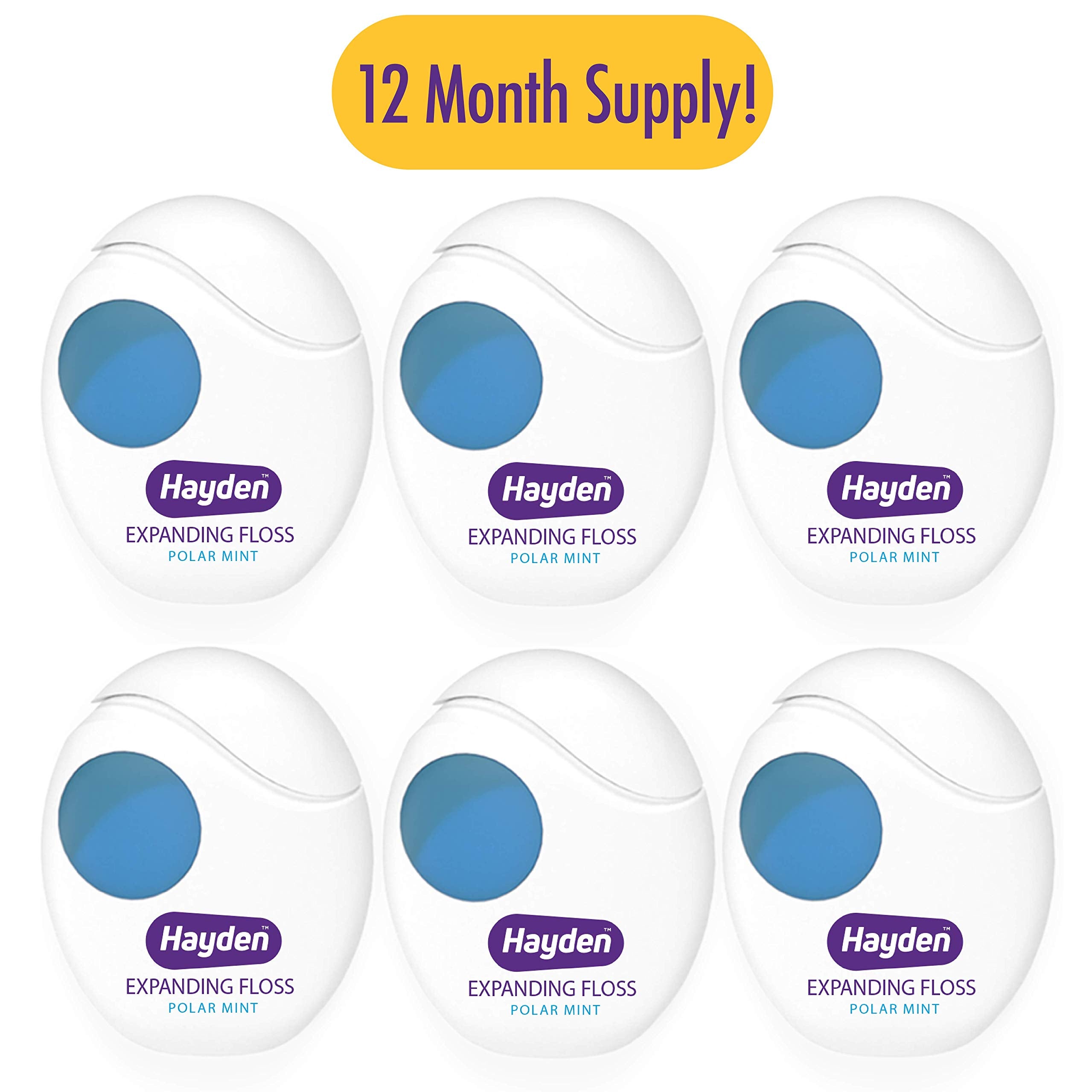 Hayden Expanding Dental Floss | 6 Pack | Polar Mint Woven Floss with Anti Tartar Actives for Gentle Care | 180 Yards