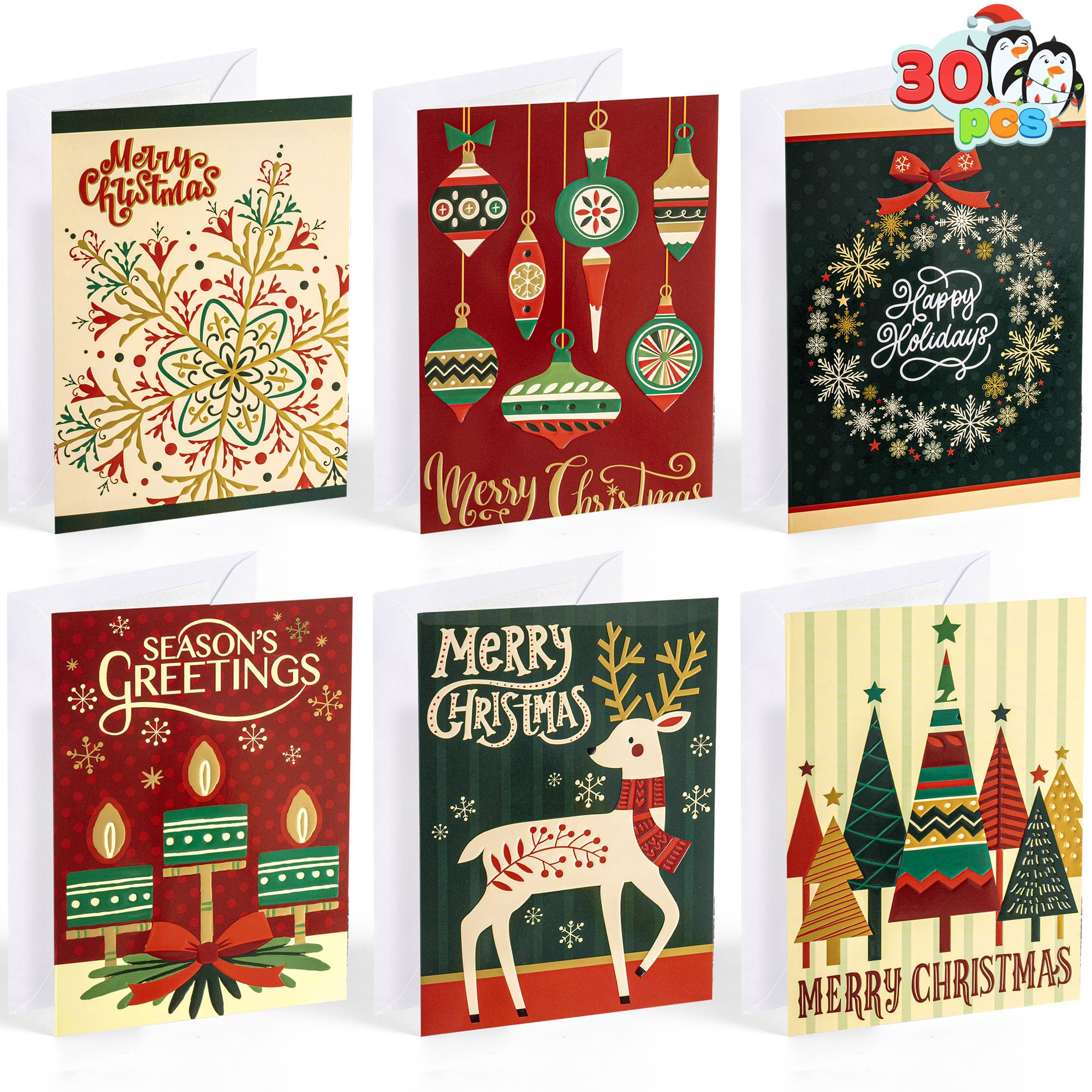 JOYIN 30 PCS Boxed Christmas Cards Assortment Elegant Icons With Envelopes, Diverse Festive 6 Designs for Winter Holiday Xmas Season Merry Christmas Cards, Present Giving, Wintertime Gifts Cards