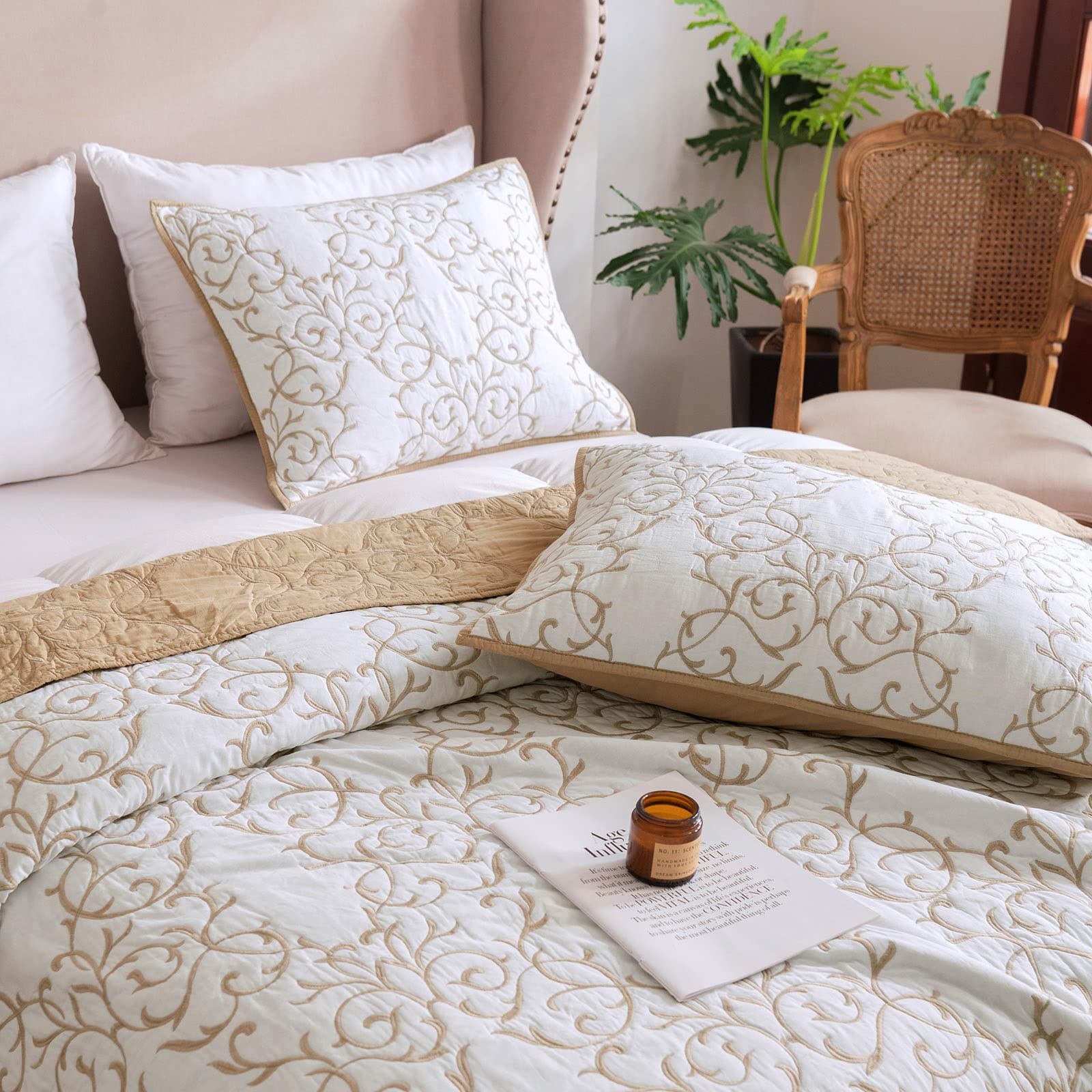 mixinni Quilt King Size Reversible Soft Cotton 3-Piece Beige Embroidery Pattern Elegant Quilt Set with Embroidered Decorative Shams Soft Bedspread&Coverlet Set-King Size