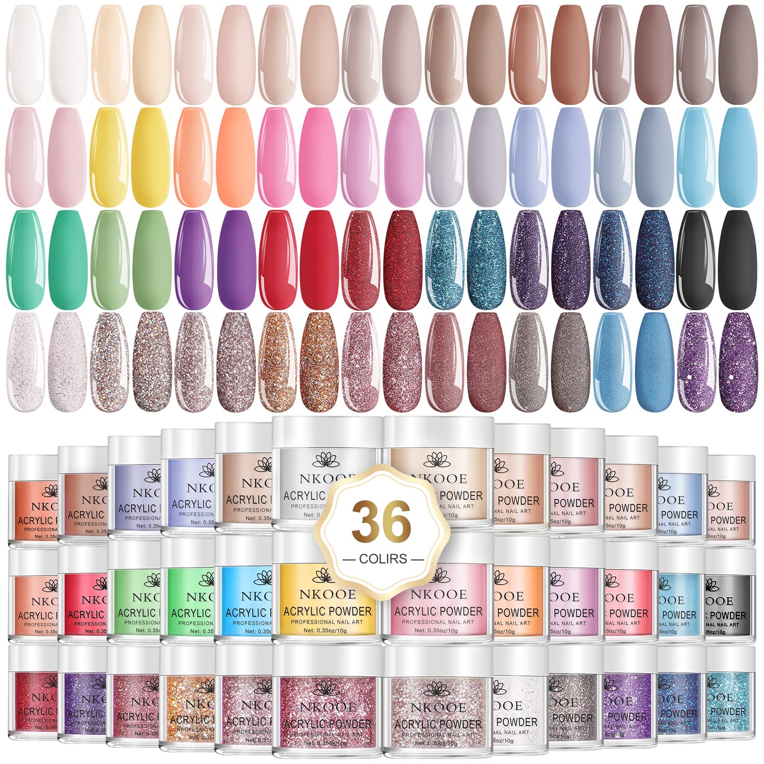 NKOOE 36 Colors Acrylic Nail Powder Set (10g/0.35oz Jars), Quick-Dry, Odorless, Non-Toxic, Easy-to-Blend, Ideal for DIY Nail Art & Salon Professionals - Perfect Gift for Nail Enthusiasts