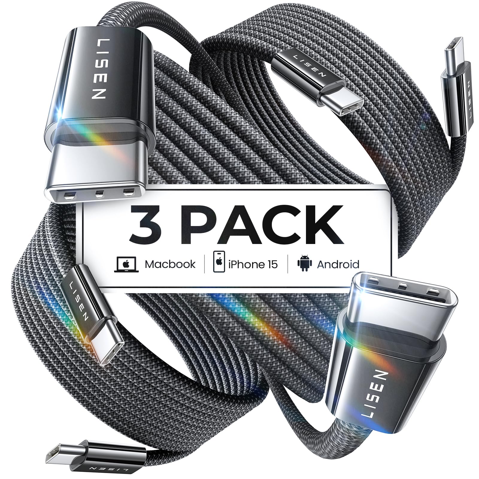 LISEN for iPhone 16 15 USB C to USB C Fast Charging, 60W 3-Pack 3.3ft USB C Cable Type C Fast Charging Charger Cable for iPhone 16 15,Samsung S24 S23 iPad Pro 13 12.9 11 inch, iPad Air 5,Black