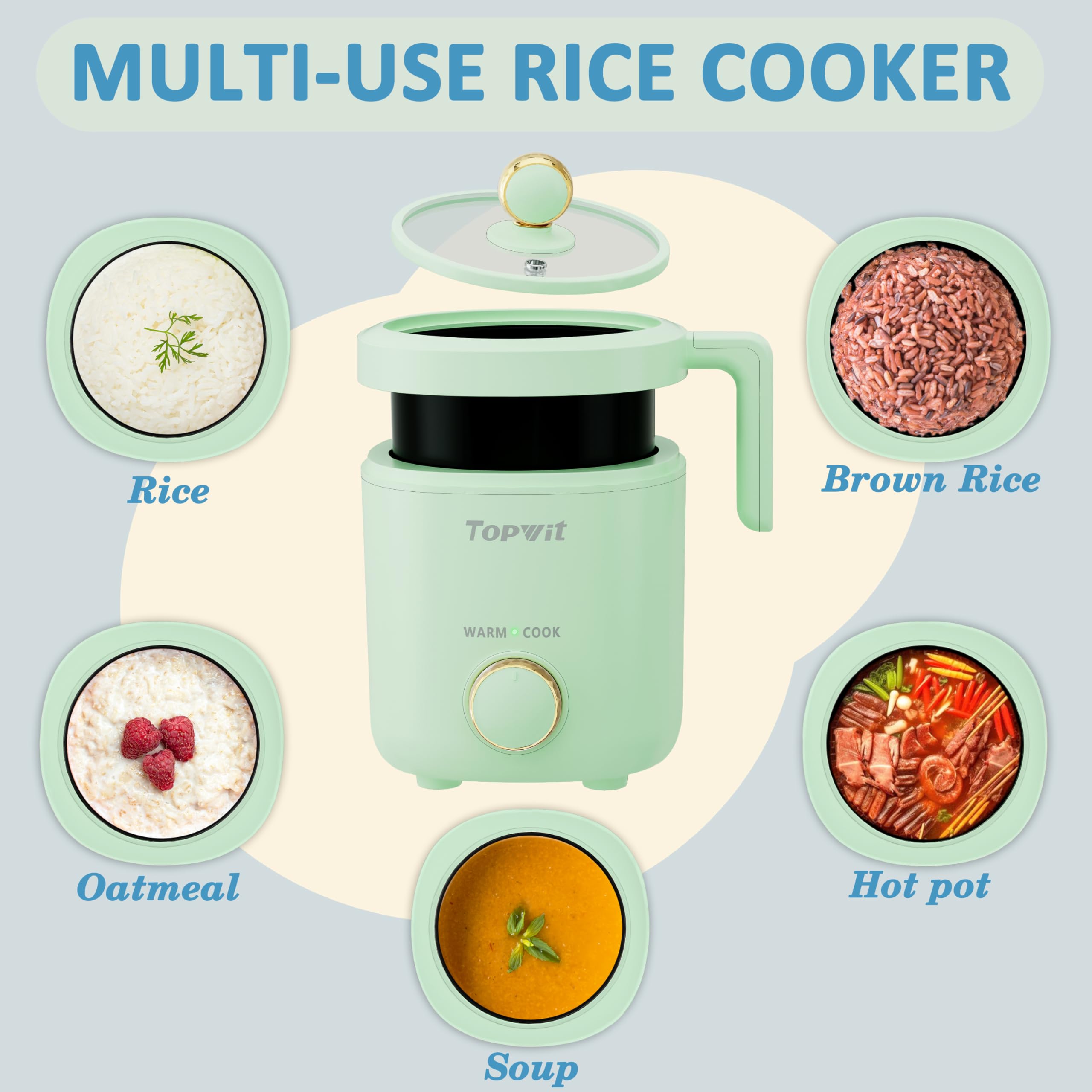 TOPWIT Rice Cooker Small, 2-Cups Uncooked, 1.2L Mini Rice Cooker with Non-stick Coating, BPA Free, Portable Rice Maker with One Touch & Keep Warm Function, Green