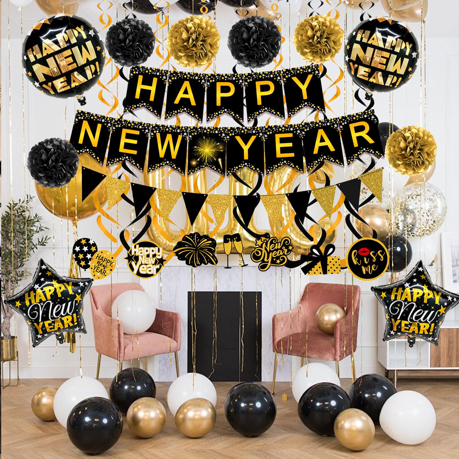 Famoby HAPPY NEW YEAR Paper Banner Triangle Flag Bunting Pom poms Swirls Streamers & Balloons for New year Party Decoration