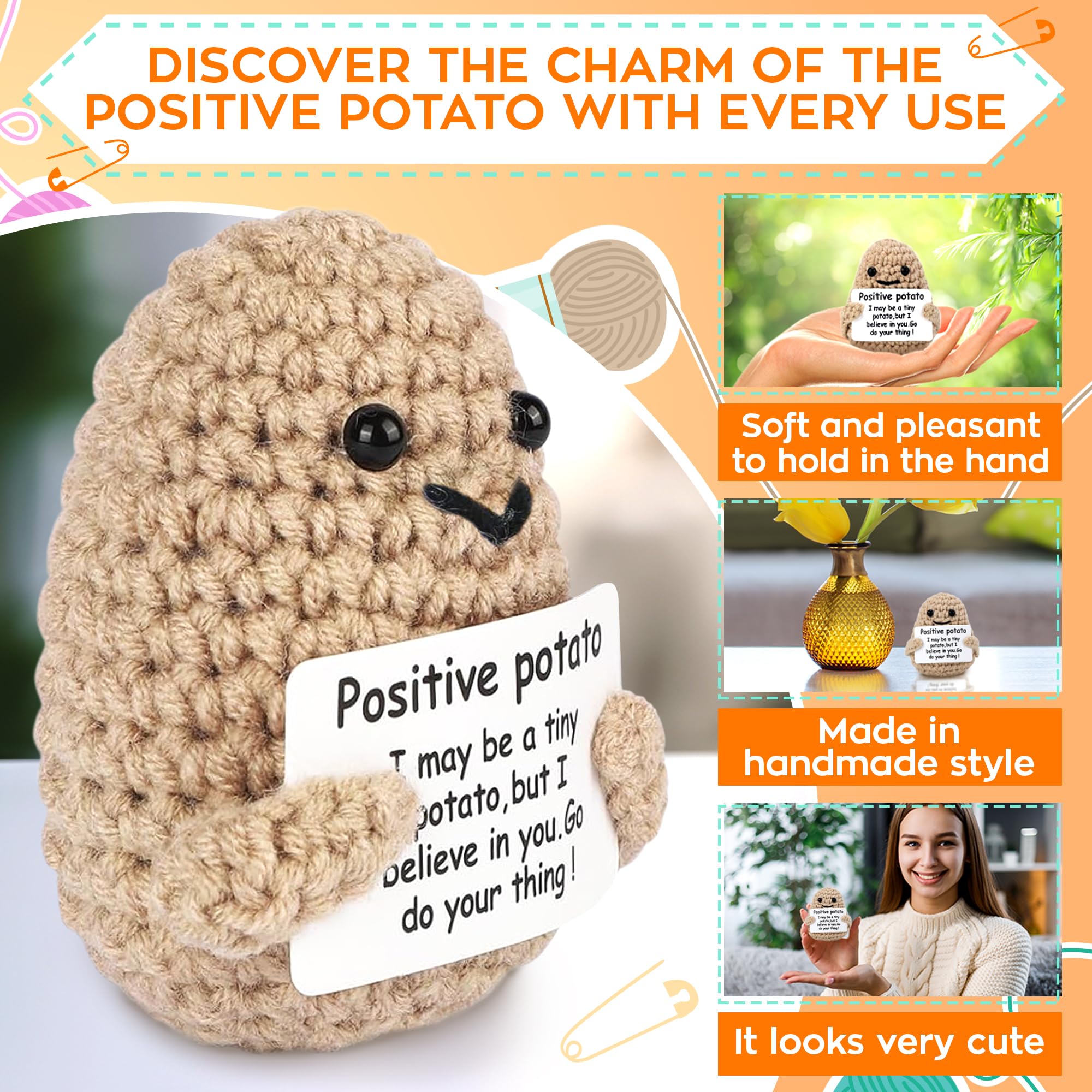 Handmade Crochet Positive Potato – 3.14x2.36 Inches Cute Mini Knitted Plush with Motivational Card, Funny Small Emotional Support Crochet, Inspirational Desk Decor, Unique Valentines Day Gifts for Him