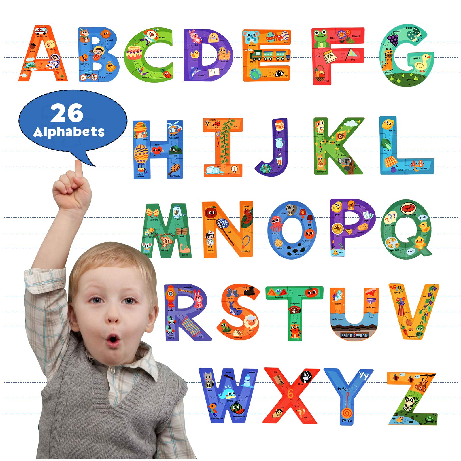 SYNARRY Wooden Alphabet Puzzles for Kids Ages 3-5, ABC Learning for Toddlers Ages 3+, Sight Words Letter Puzzles Montessori Toys Educational STEM for Preschool Boys Girls Kids Gifts