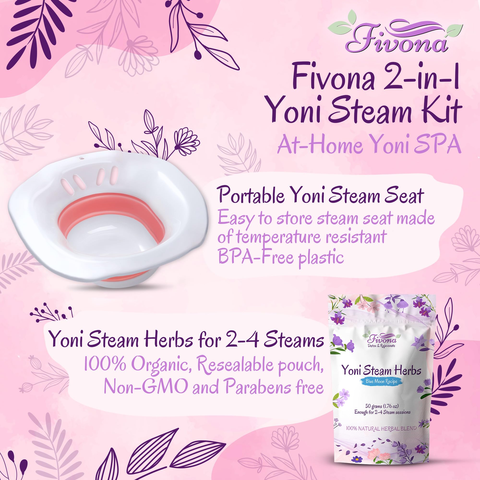 Fivona Yoni Steam Kit 2 in 1 for Herbal V Steaming Sitz Bath Seat with Yoni Steam Herbs Bundle - at Home V-SPA Cleansing Set for Toilet Bowl - Detox and Rejuvenate with All-Natural Herbal Therapy