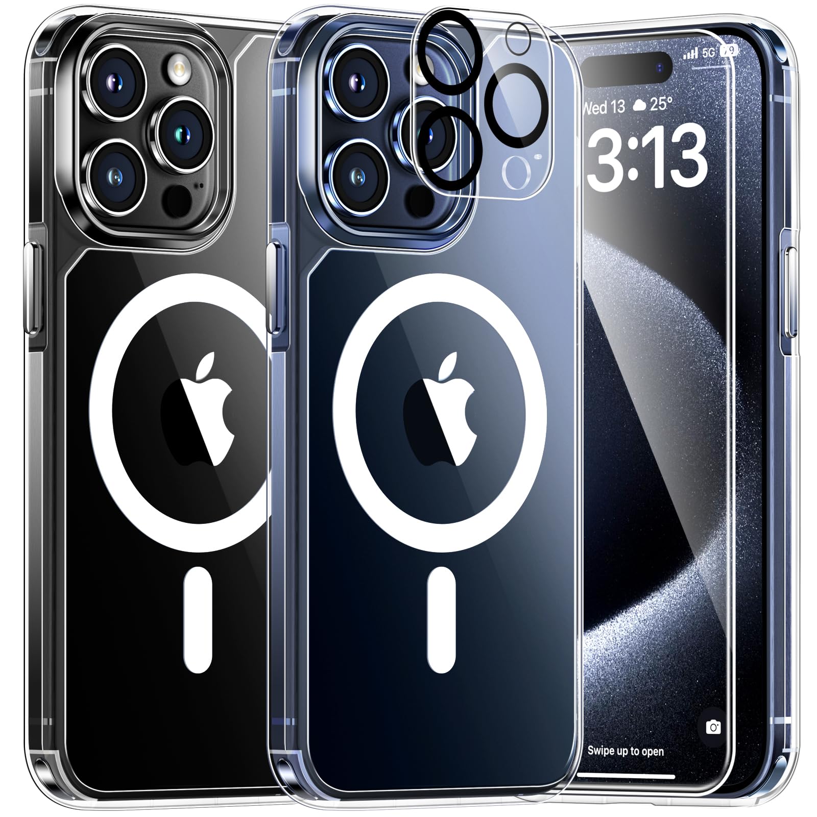 TAURI 5 in 1 Magnetic for iPhone 15 Pro Case Clear, [Designed for Magsafe] with 2X Screen Protector +2X Camera Lens Protector, [Not-Yellowing] Slim Shockproof Case for iPhone 15 Pro
