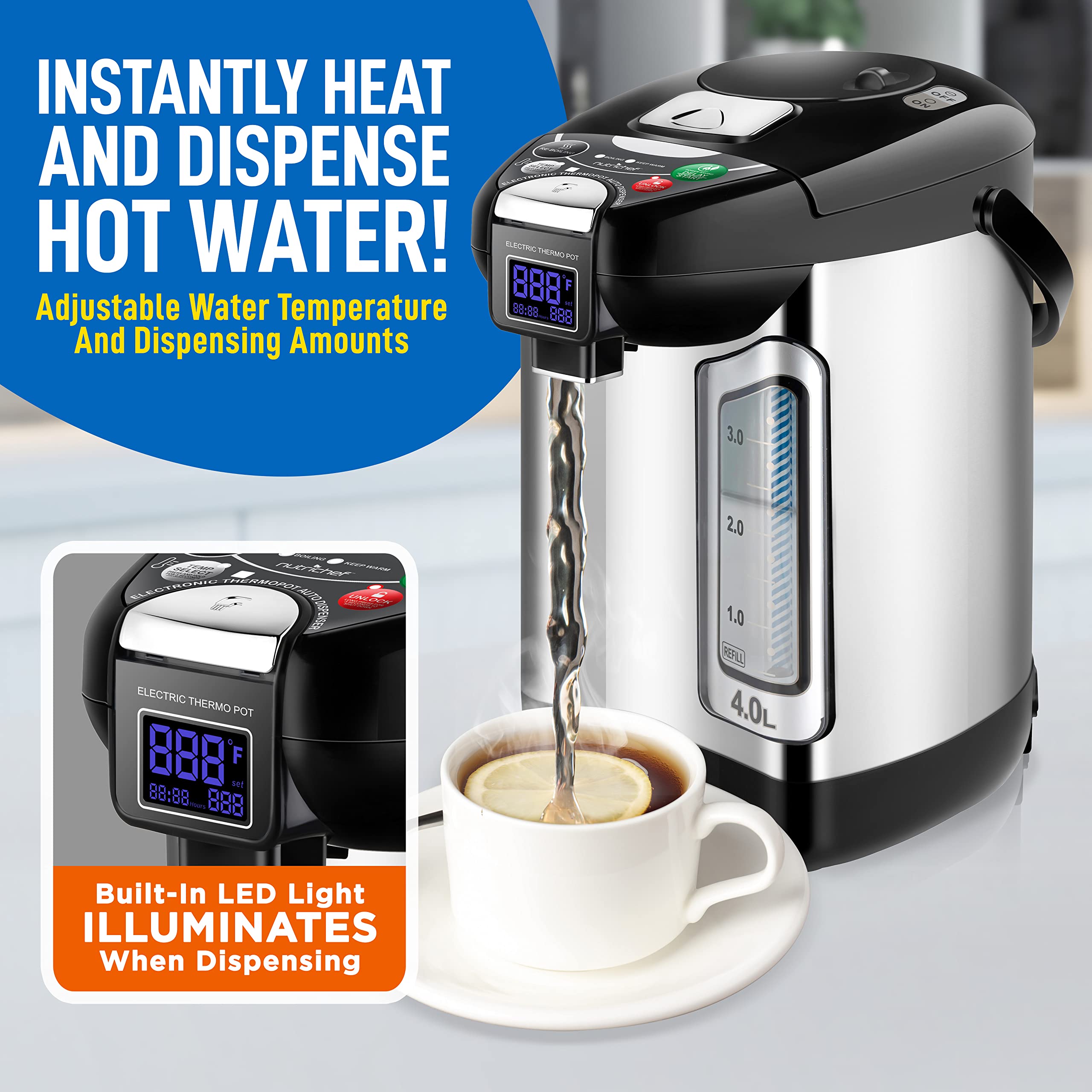 NutriChef Digital Water Boiler and Warmer - 4L/4.23 Qt Stainless Electric Hot Water Dispenser w/ LCD Display, Rotating Base, Keep Warm, Auto Shut Off, Safety Lock, Instant Heating for Coffee & Tea