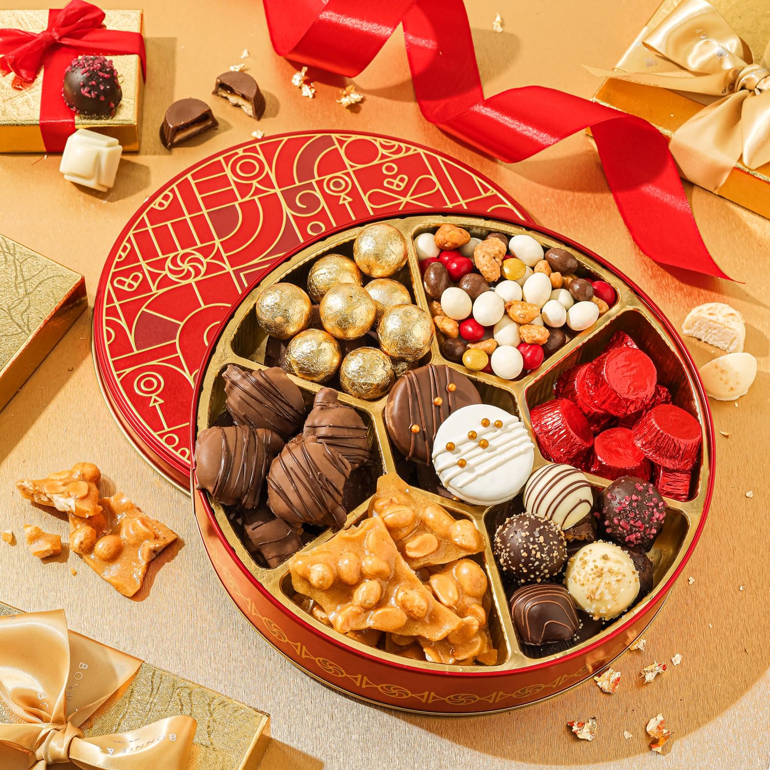 Holiday Snack Gift Tin, Round, Modern Pattern, Assorted Treats: Belgian Truffles, Chocolate Covered Oreos, Peanut Brittle and Candy Nuts